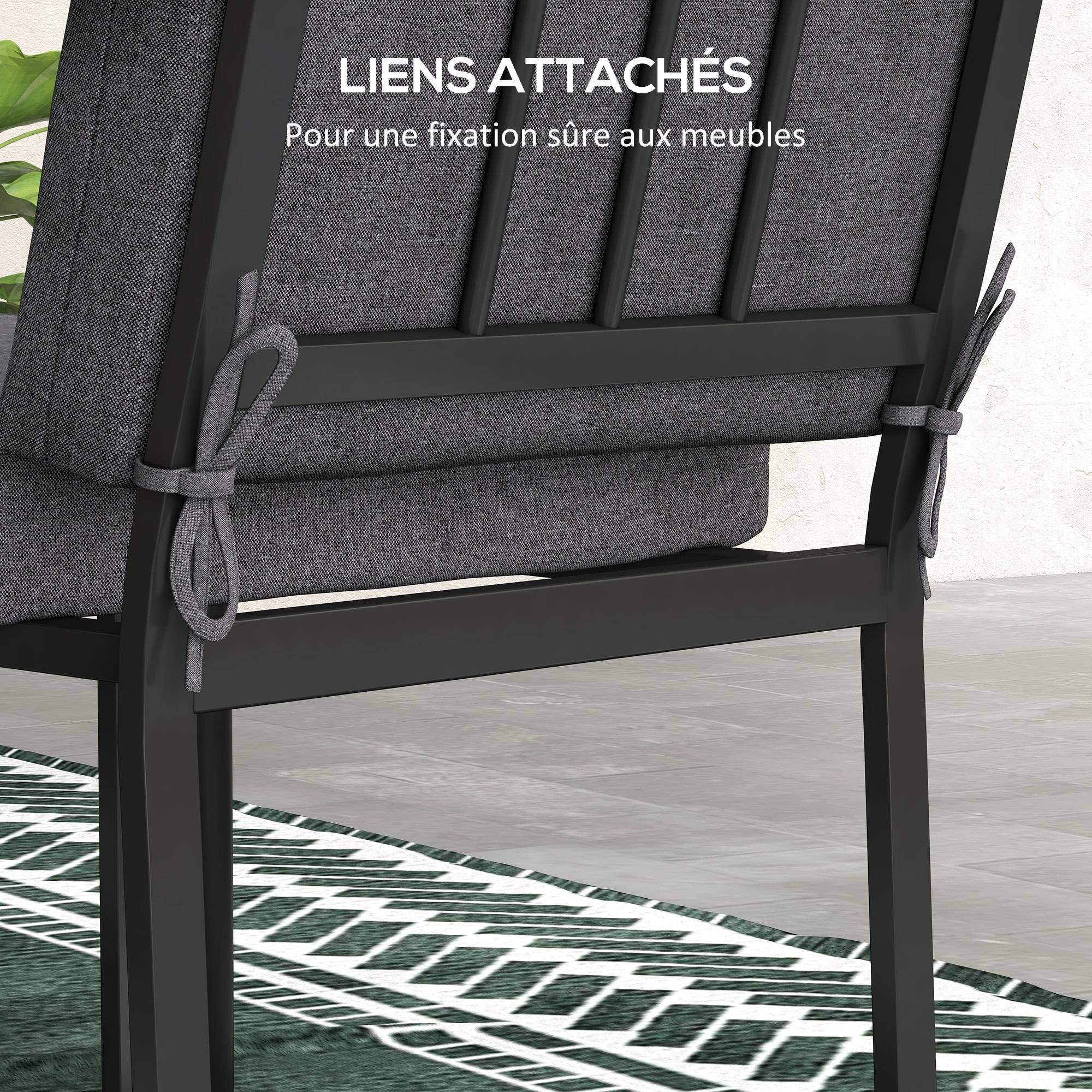 Lot de 2 coussins d'extérieur pour fauteuil chaise à dossier avec attaches rembourrage 8 cm, 112L x 51l cm, gris foncé - Image 8