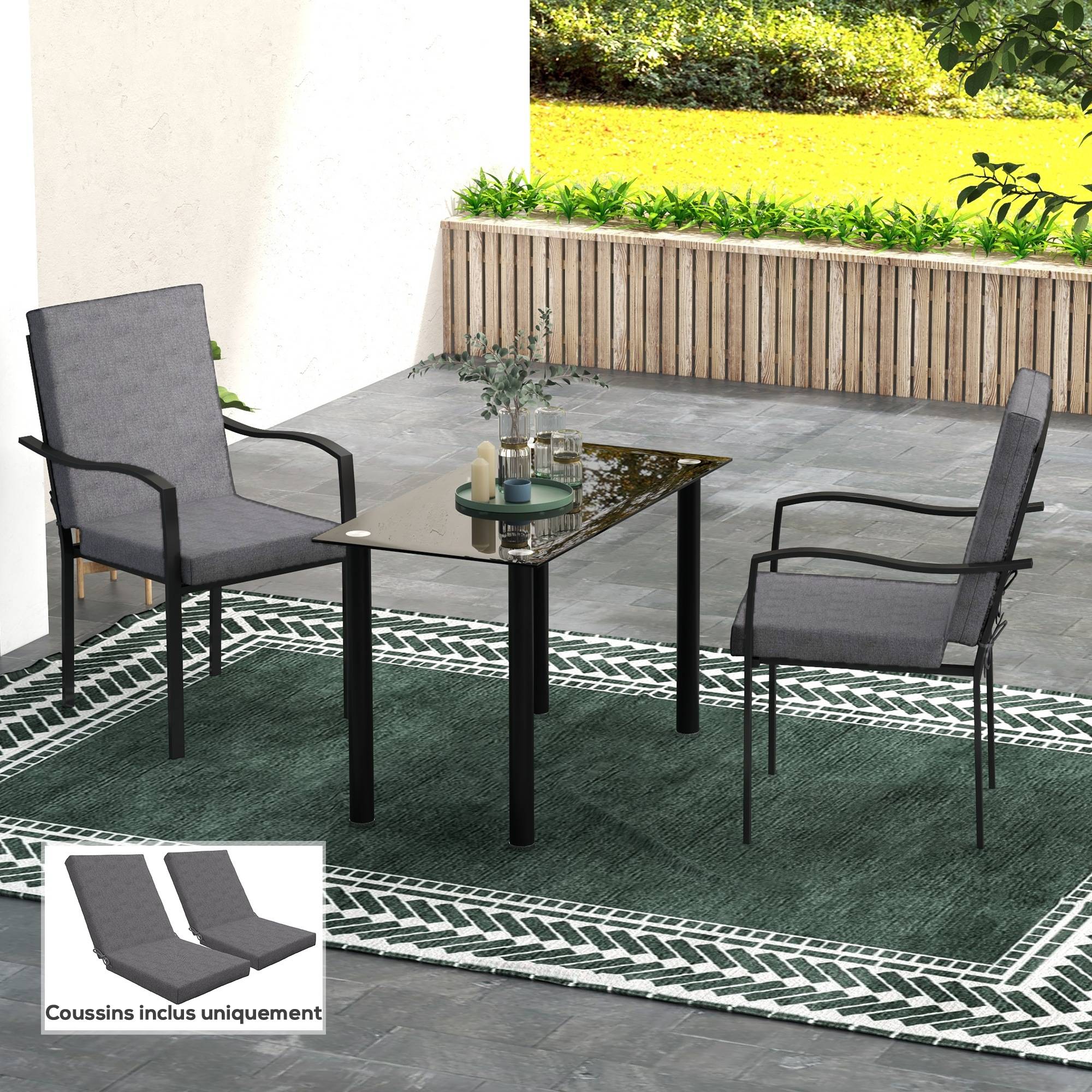 Lot de 2 coussins d'extérieur pour fauteuil chaise à dossier avec attaches rembourrage 8 cm, 112L x 51l cm, gris foncé - Image 4