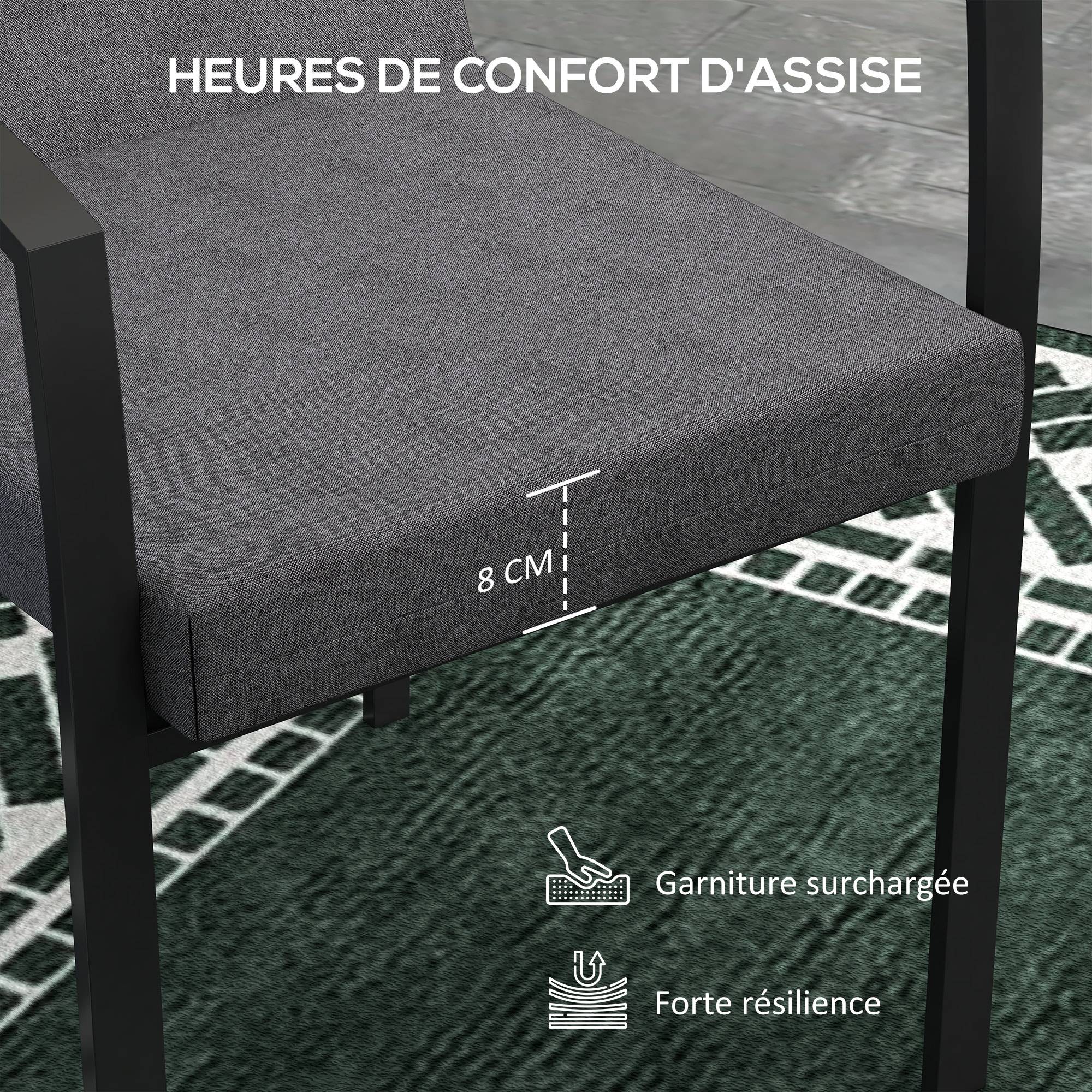 Lot de 2 coussins d'extérieur pour fauteuil chaise à dossier avec attaches rembourrage 8 cm, 112L x 51l cm, gris foncé - Image 6