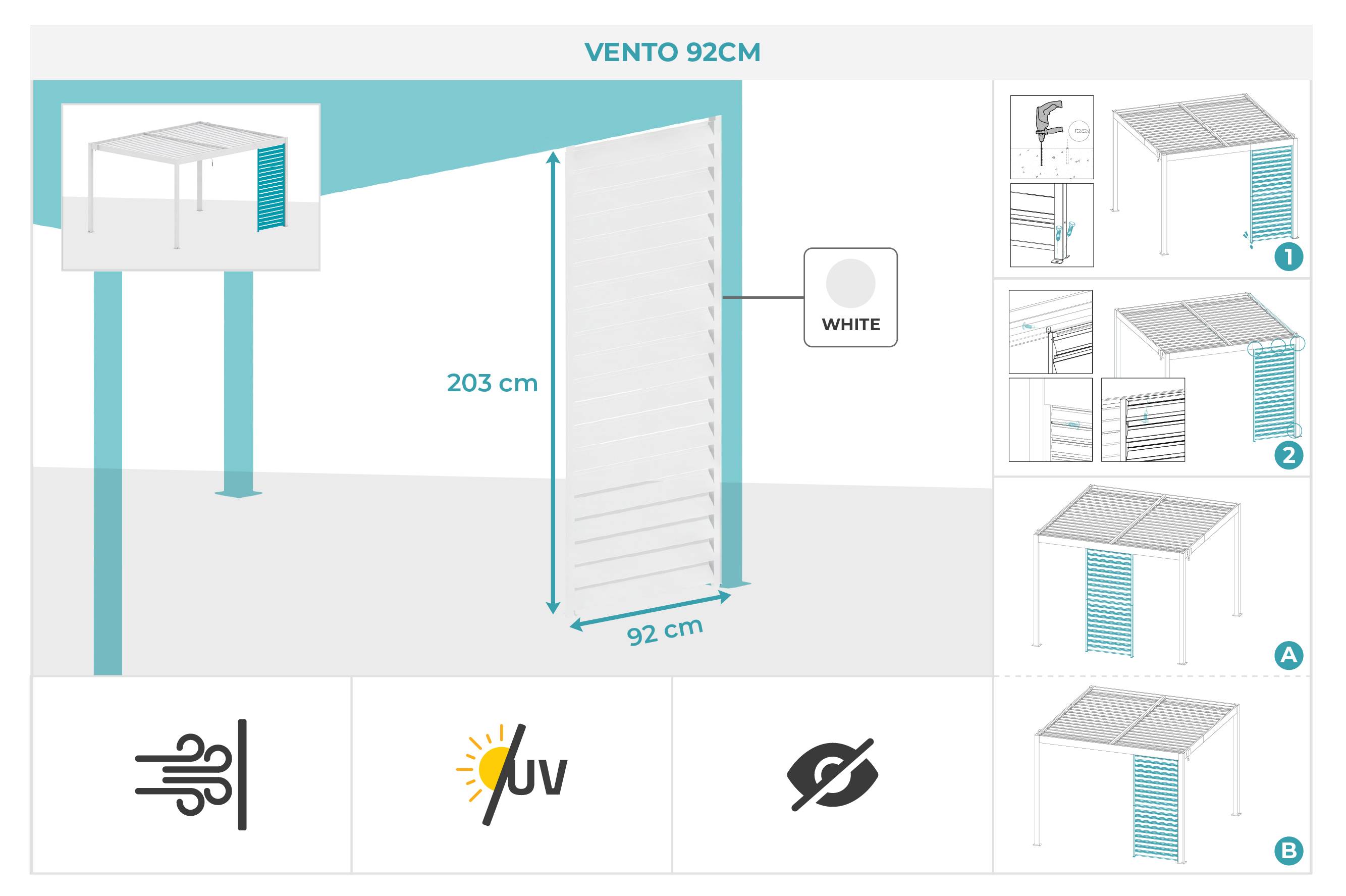 Cazeboo Pergola bioclimatique autoportée 3x3 m PIANA aluminium blanc avec 2 persiennes brise-vue - Image 3