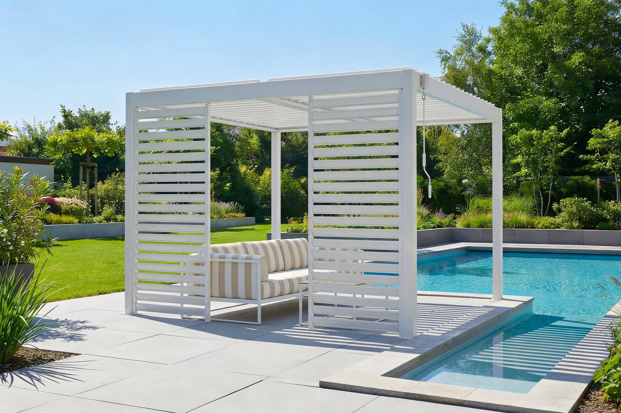 Cazeboo Pergola bioclimatique autoportée 3x3 m PIANA aluminium blanc avec 2 persiennes brise-vue - Image 1