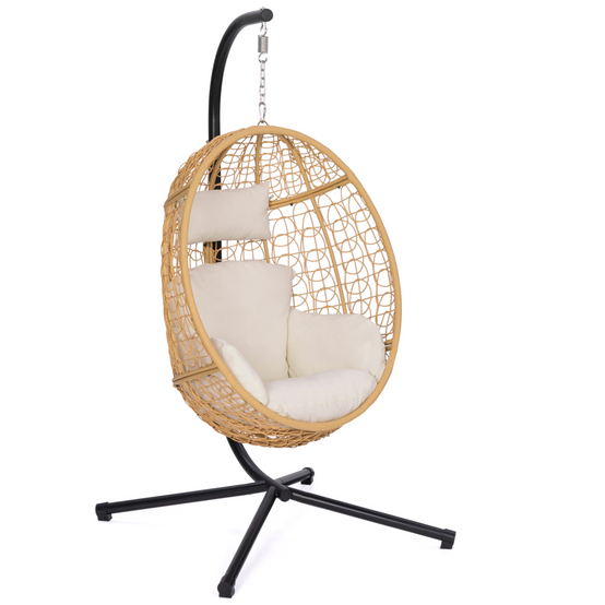Fauteuil oeuf suspendu ajouré effet rotin avec coussin écru - Image 2
