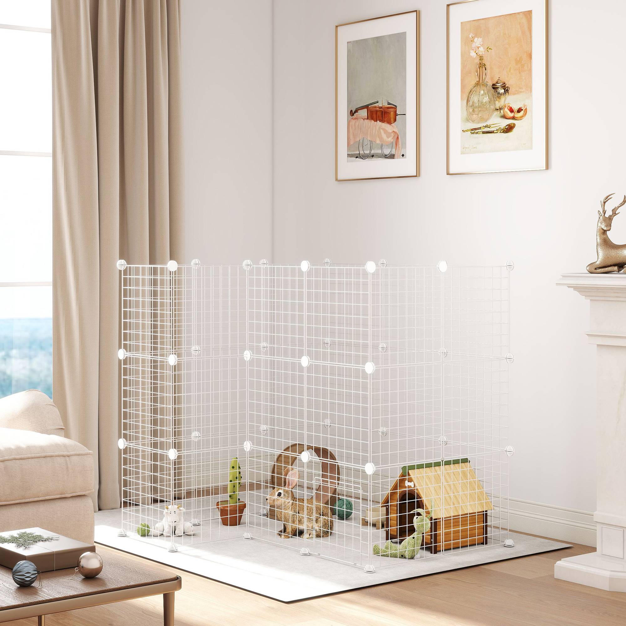 Cage parc clôture pour animaux domestiques enclos pour petits animaux modulable 2 niveaux fil en acier 146x73x73cm blanc - Image 10