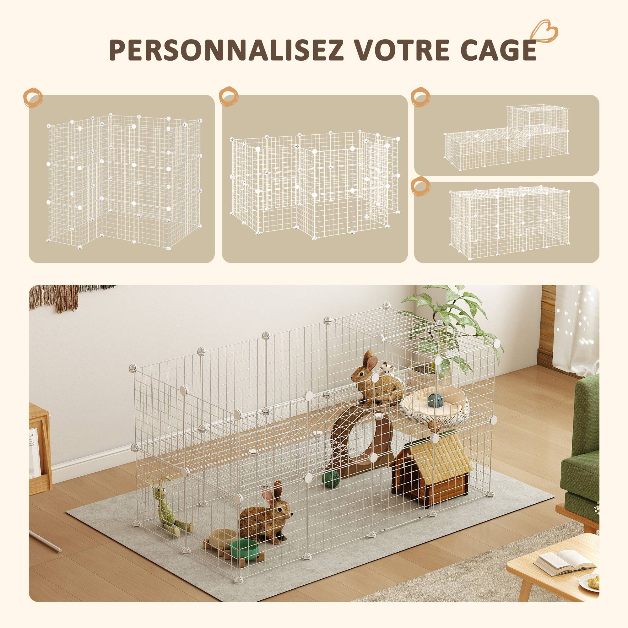 Cage parc clôture pour animaux domestiques enclos pour petits animaux modulable 2 niveaux fil en acier 146x73x73cm blanc - Image 6