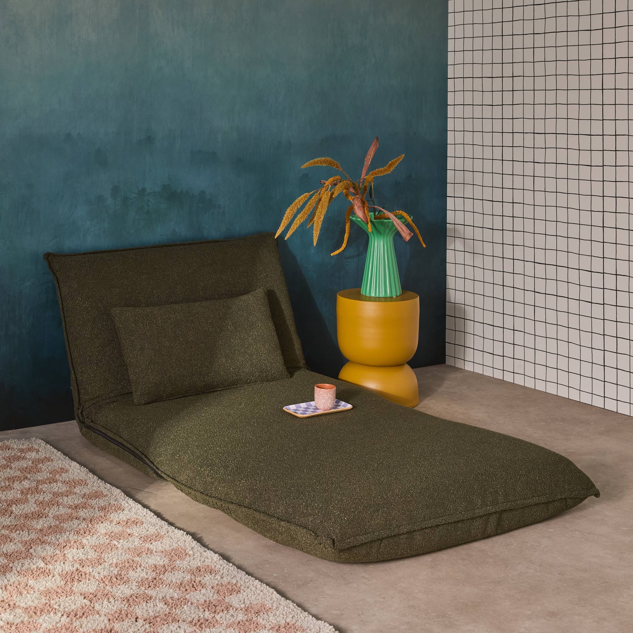 sweeek - Chauffeuse convertible 1 place en bouclette texturée kaki L 99 x P 80 x H 66 cm - Fleeep | sweeek - Image 4