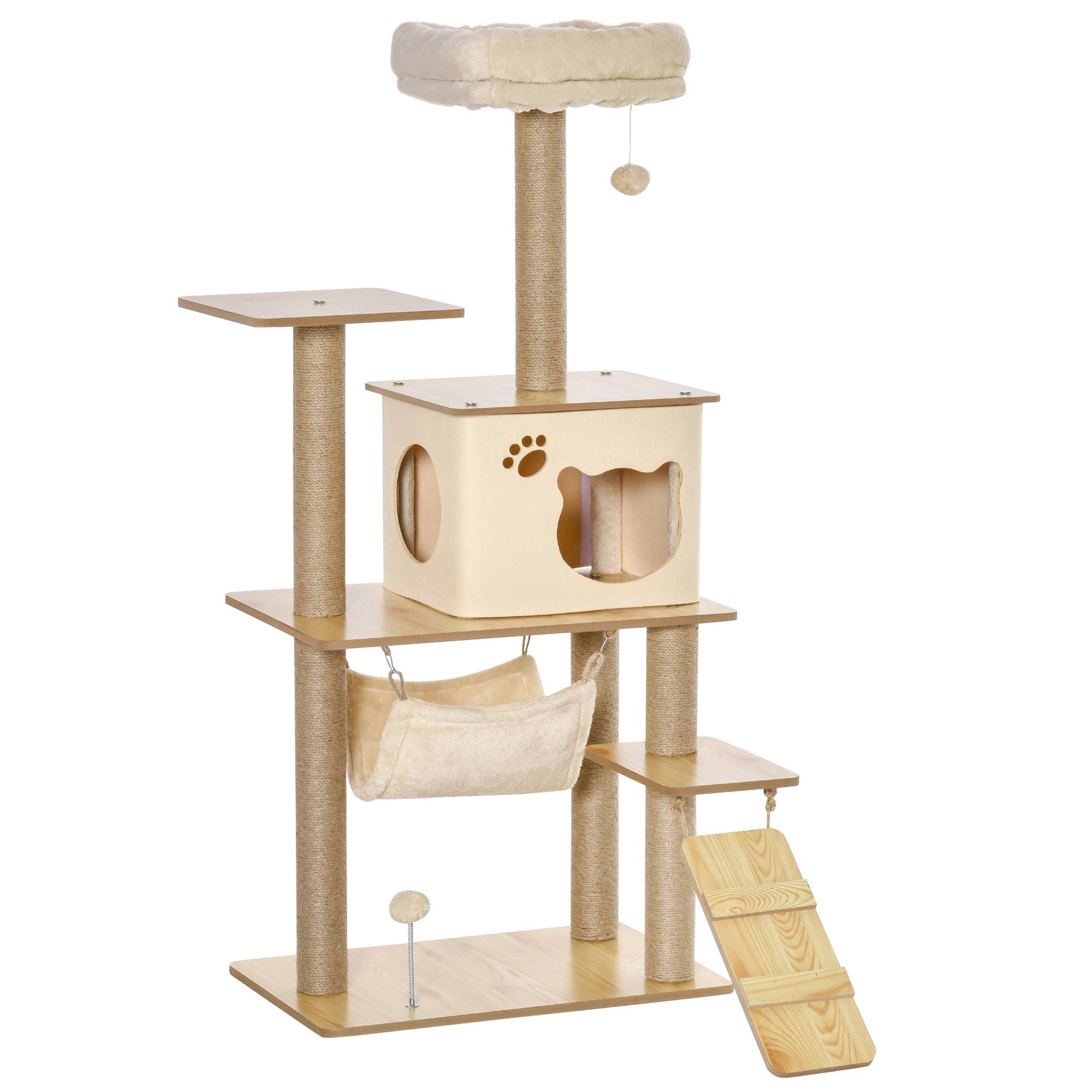 arbre à chat niche hamac échelle cordes jute peluche chat intérieur 60x40x130 cm jaune stable multi niveaux - Image 1