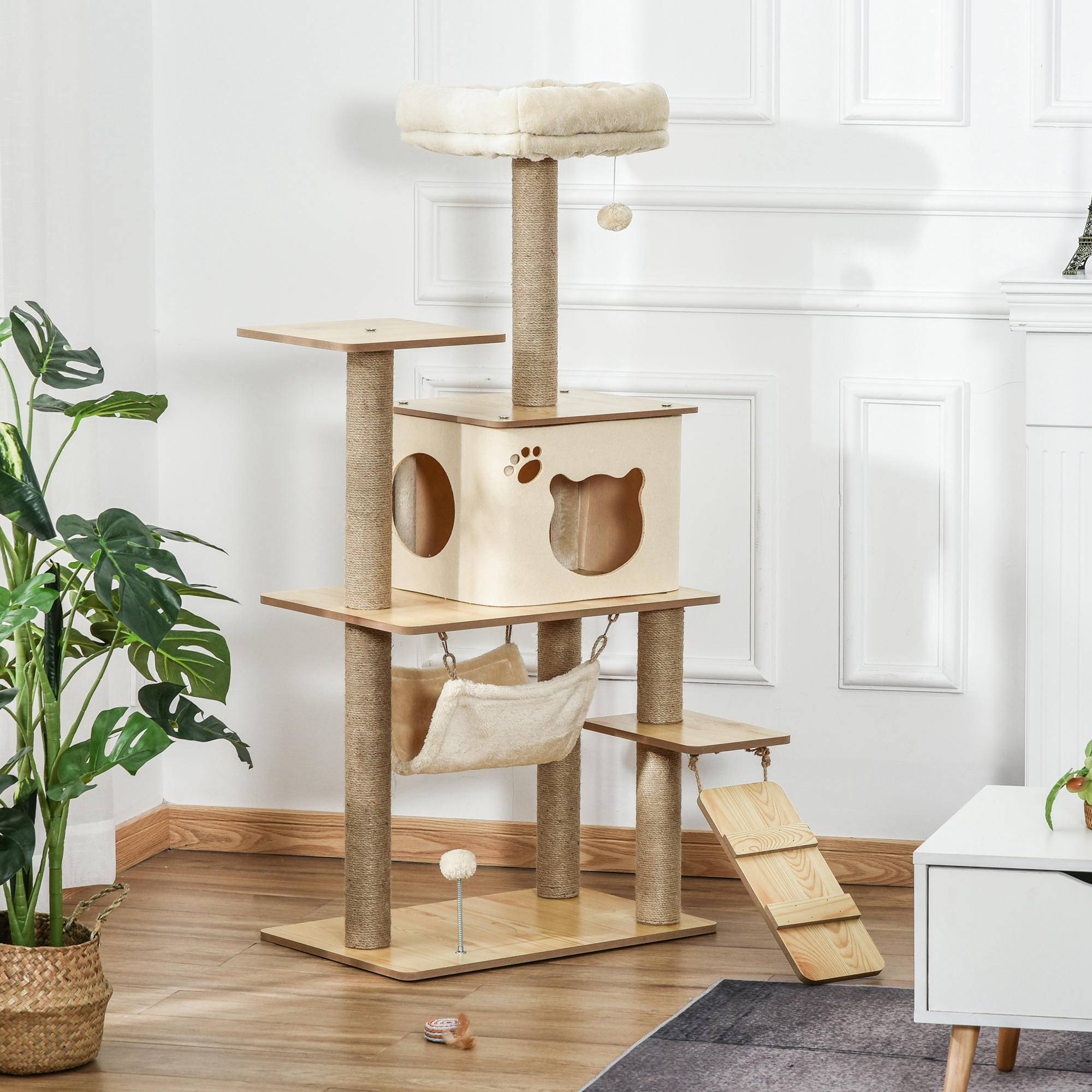 arbre à chat niche hamac échelle cordes jute peluche chat intérieur 60x40x130 cm jaune stable multi niveaux - Image 4