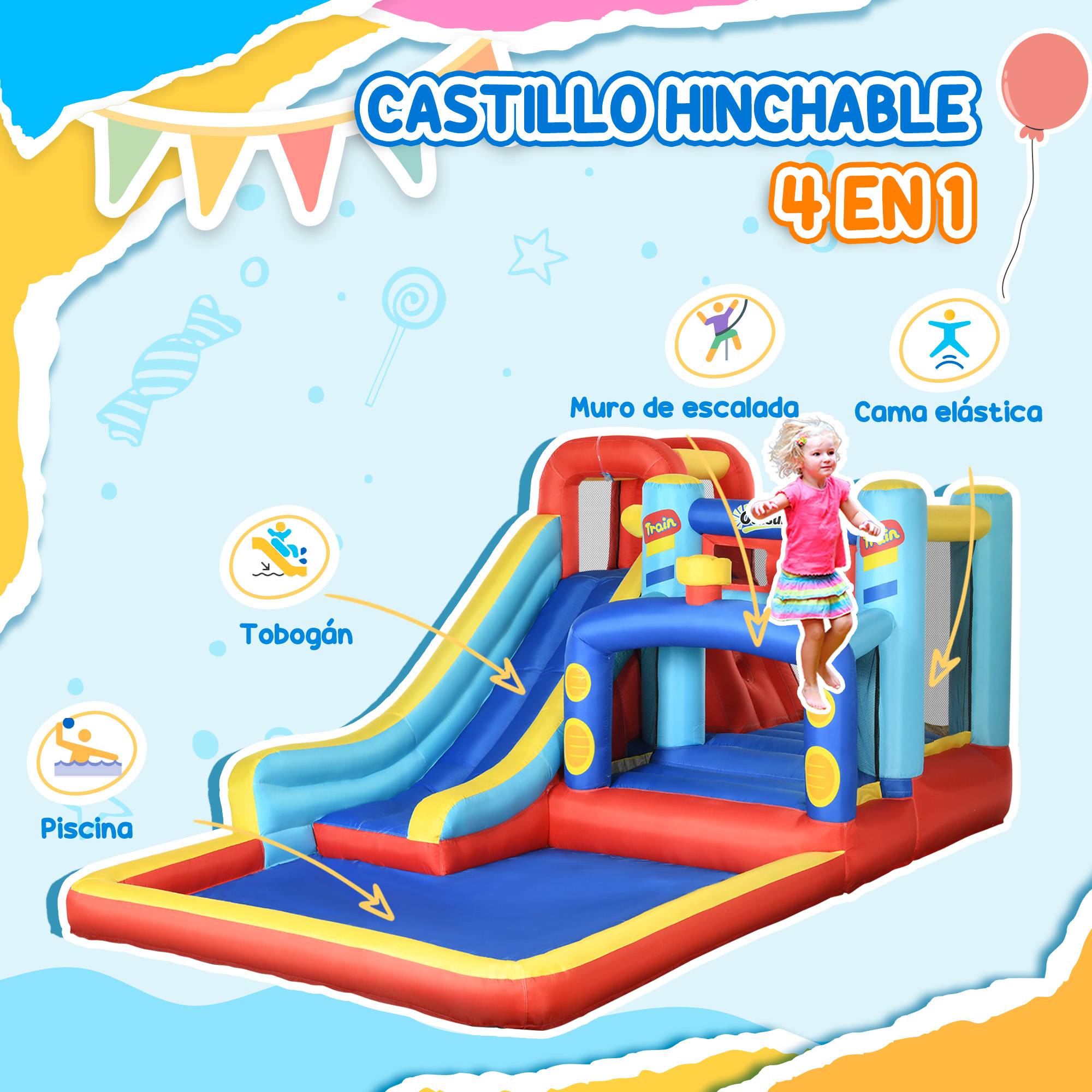 Château Gonflable 6 En 1 Avec Toboggan, Piscine, Trampoline, Mur D'escalade, Panier Basket – 360x340x218 Cm – 4 Enfants – 3-8 Ans – Pompe 450W Incluse