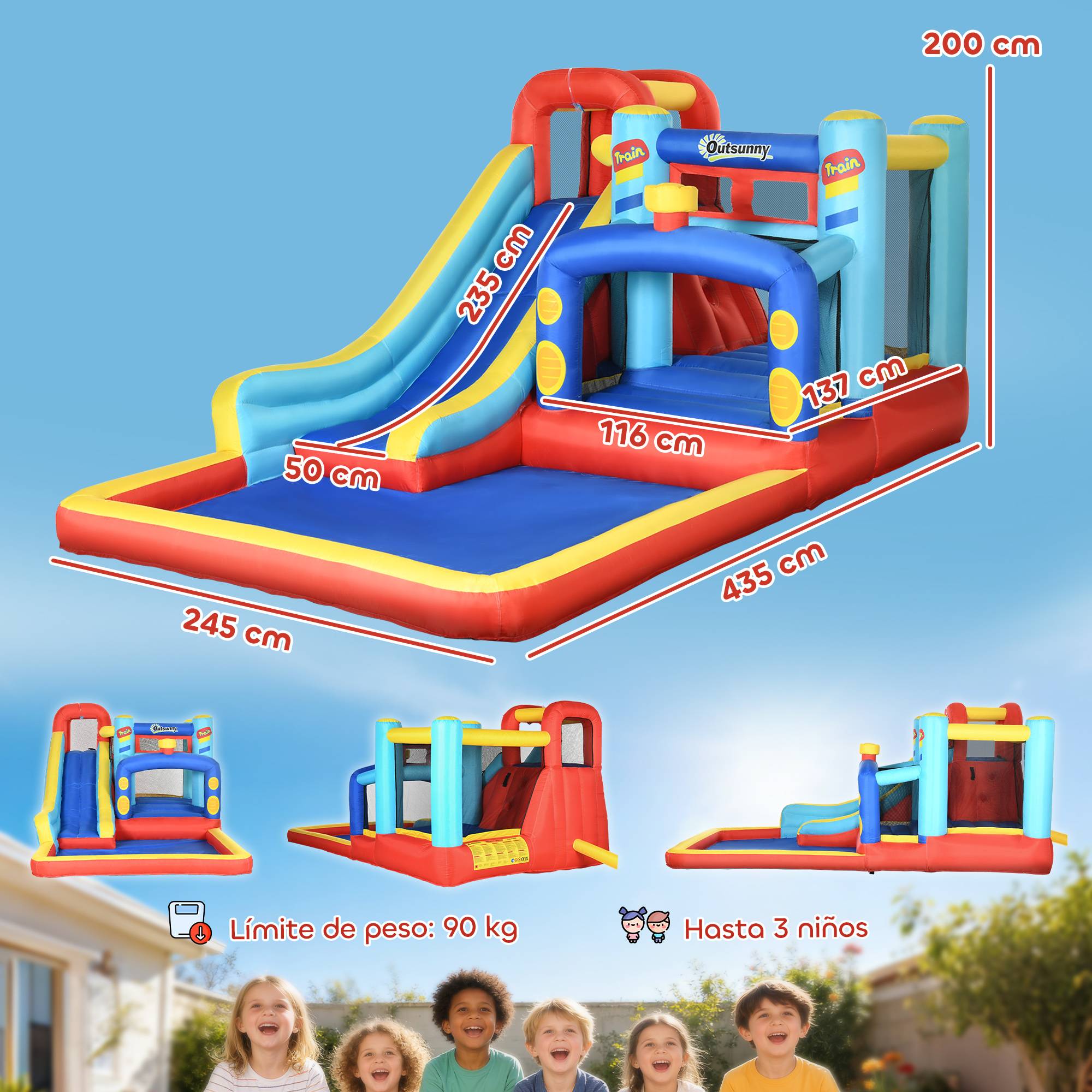 Parc aquatique gonflable - Toboggan aquatique 8 en 1 avec pataugeoire, panier de basket-ball, pistolets à eau et souffleur de 450 W - 405 x 416 x 218