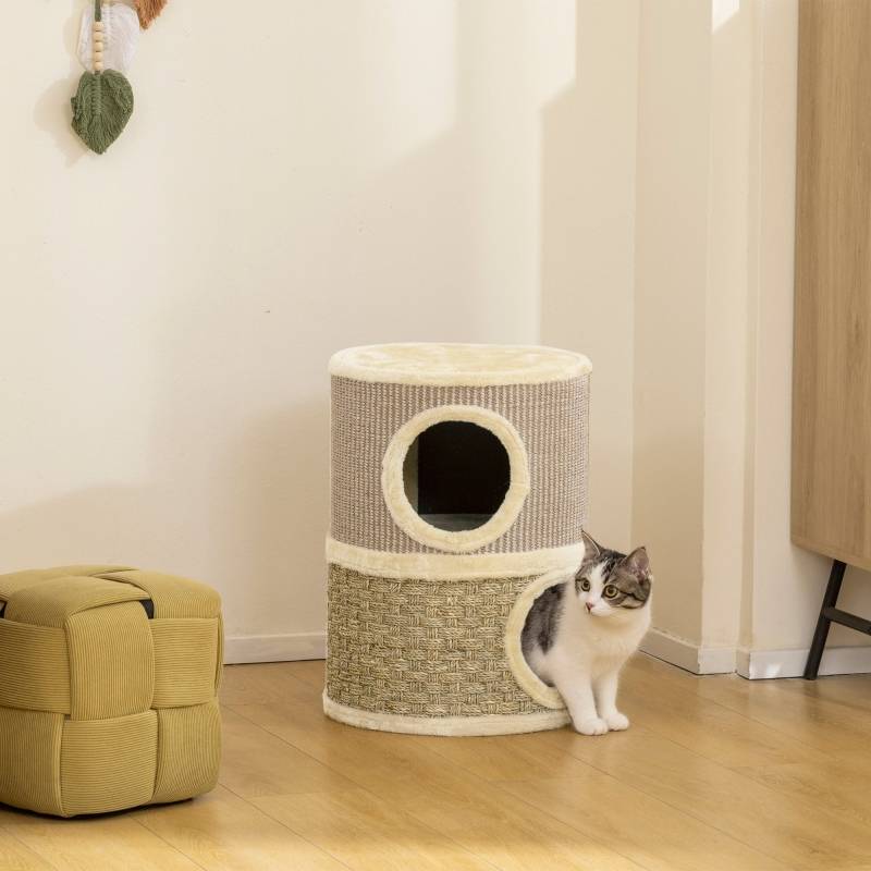Tonneau à griffer compact pour chat avec 2 niches Griffoir en sisal 49 cm Kaki Café - ComfortXL Outdoor Living - Image 1