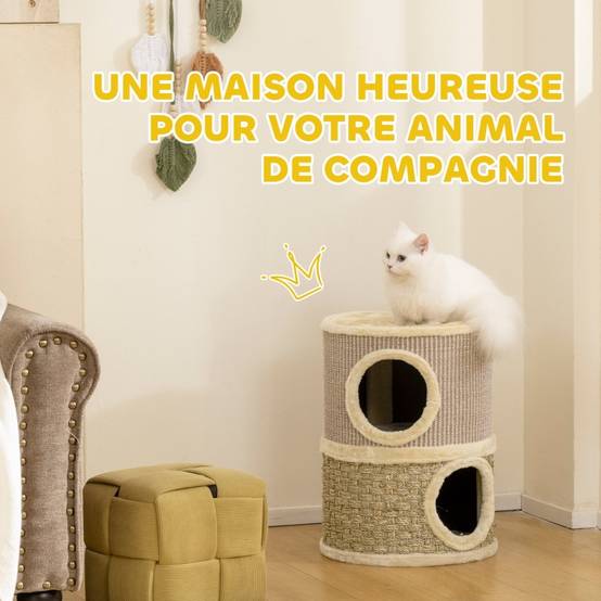 Tonneau à griffer compact pour chat avec 2 niches Griffoir en sisal 49 cm Kaki Café - ComfortXL Outdoor Living - Image 4
