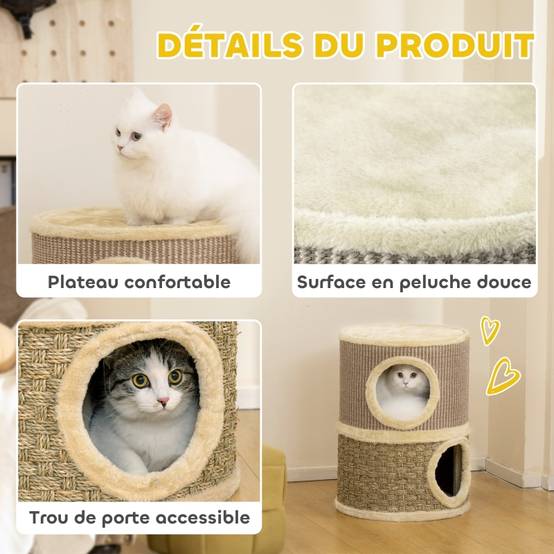 Tonneau à griffer compact pour chat avec 2 niches Griffoir en sisal 49 cm Kaki Café - ComfortXL Outdoor Living - Image 5