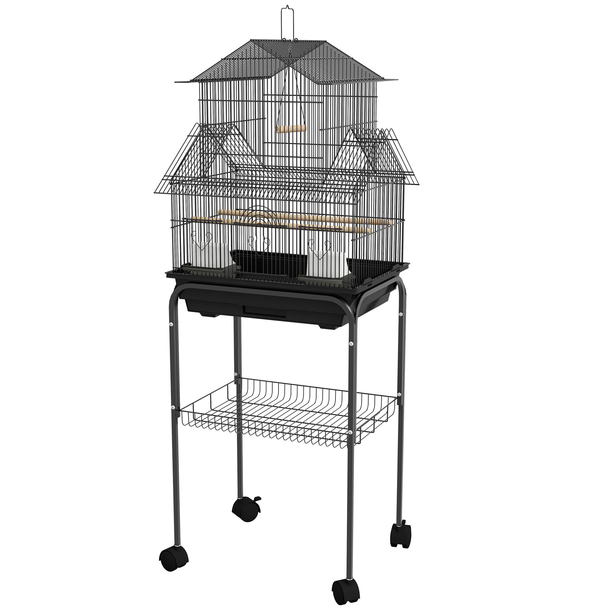 Cage à oiseaux design maison mangeoires perchoirs 3 portes plateau excrément amovible + poignée transport noir - Image 2