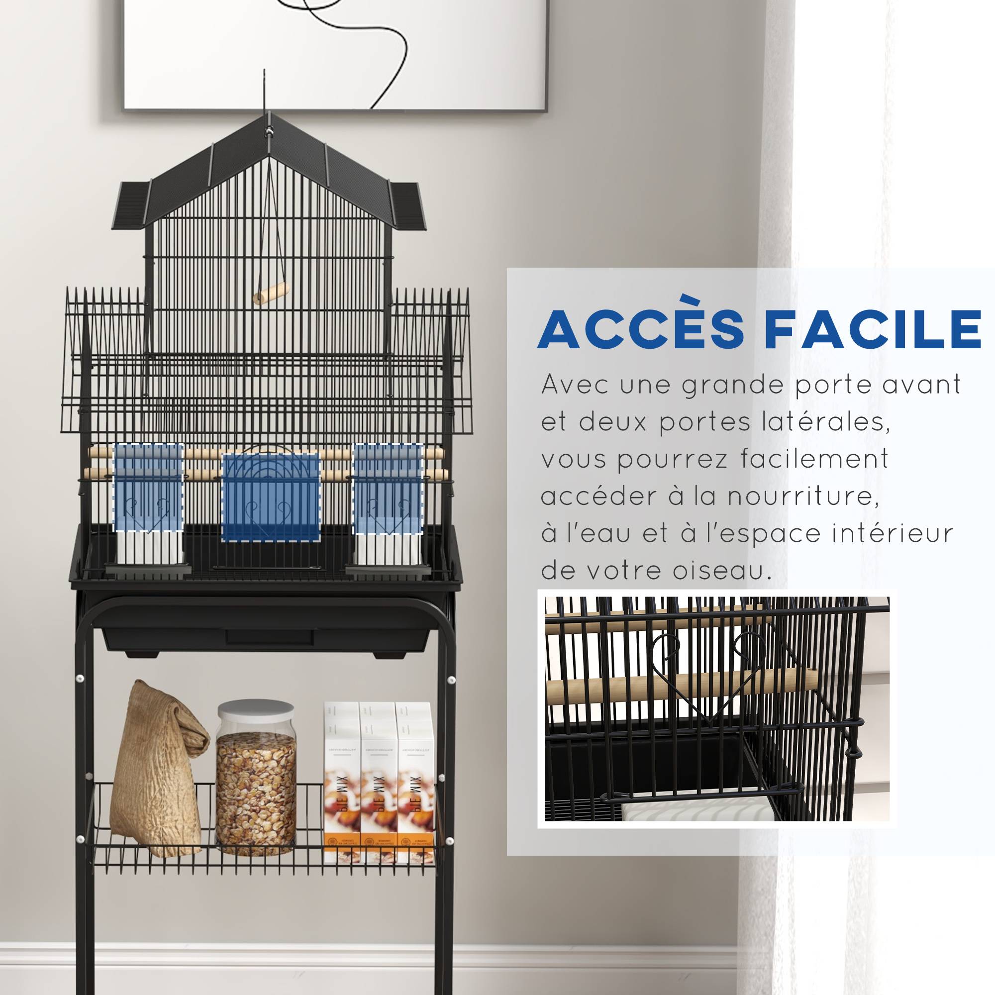 Cage à oiseaux design maison mangeoires perchoirs 3 portes plateau excrément amovible + poignée transport noir - Image 8