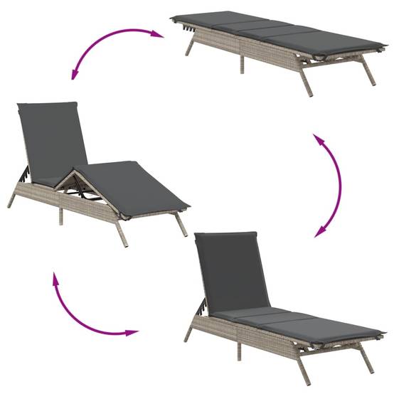 Chaise longue résine tressée avec coussin gris clair 170/200 x 59 x 26/50/64/75/85 cm - PANGIVO - Image 7