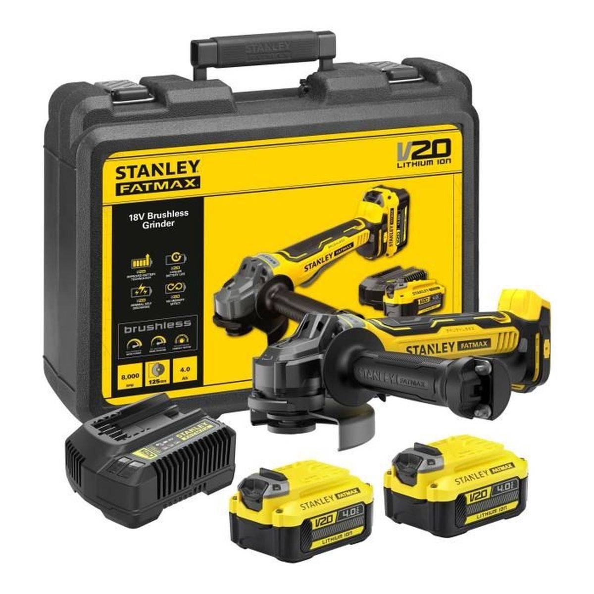 stanley - Meuleuse d’angle sans fil 125 mm 18 V, sans balais, 8500 tr/min, frein électronique, coffret - STANLEY - Image 1