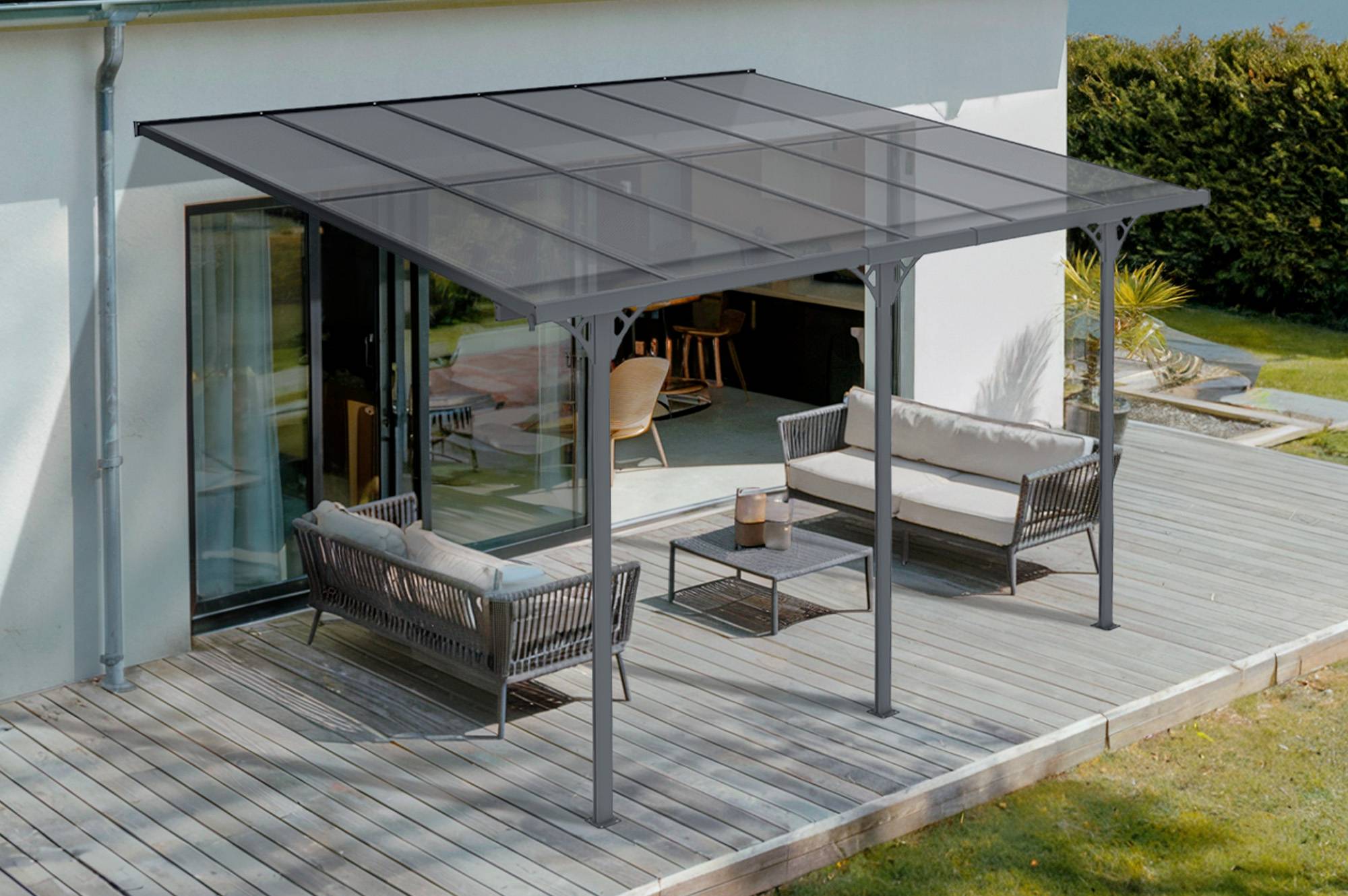 Pergola/Carport adossée 12m² KLEO 4x3 m gris - toit terrasse en aluminium et polycarbonate - Image 1
