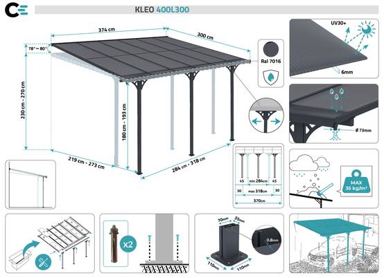 Pergola/Carport adossée 12m² KLEO 4x3 m gris - toit terrasse en aluminium et polycarbonate - Image 2