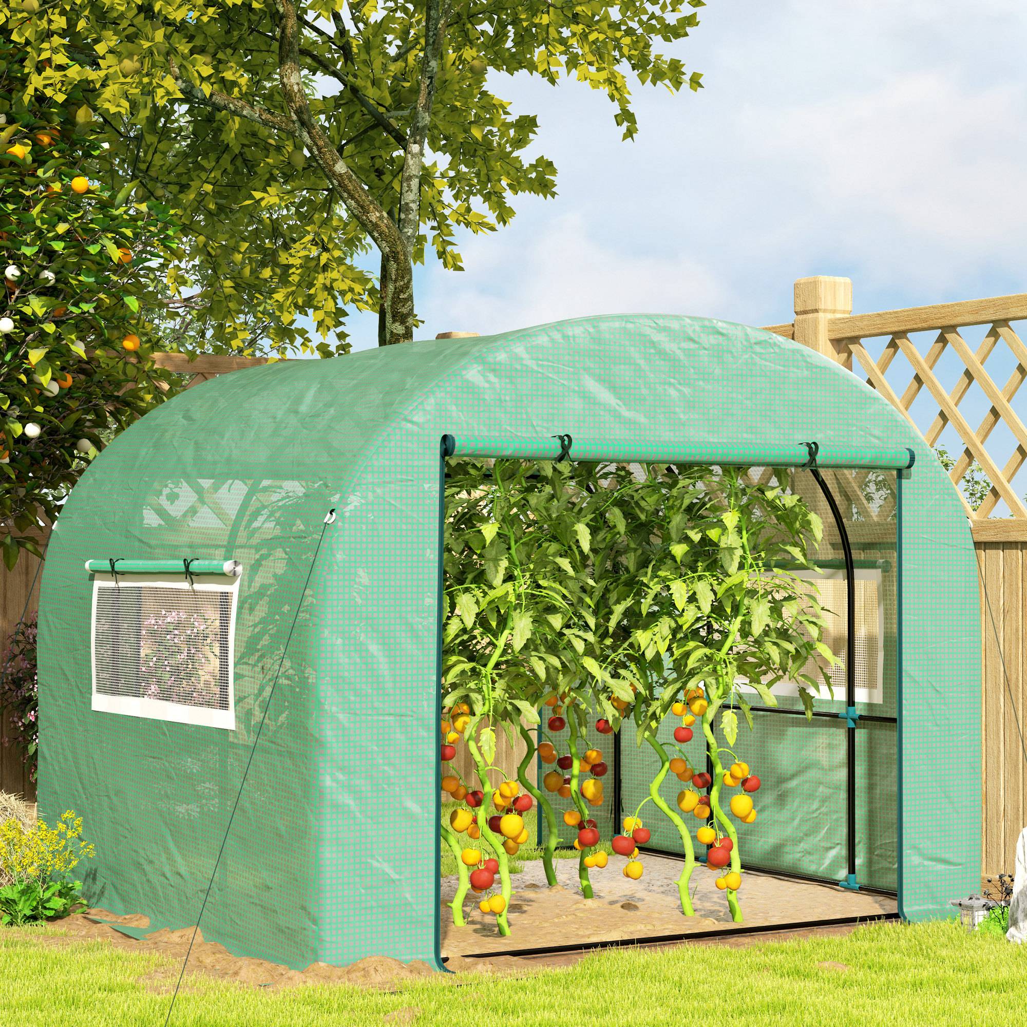 Serre de jardin serre tunnel de jardin 9m² PE Haute densité 135 g/m², avec 2 portes zippées 300 x 300 x 200 cm, vert - Image 2