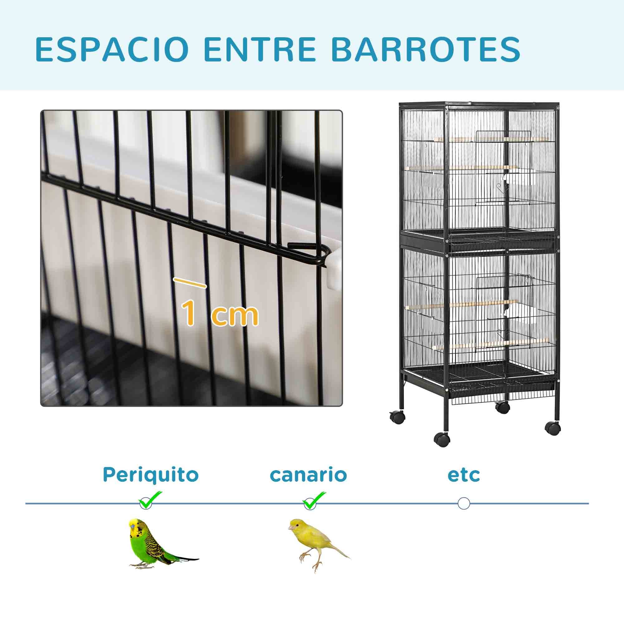 Cage à oiseaux à 2 niveaux avec roulettes, plateaux amovibles, portes, mangeoires, perchoirs, 51,5 x 50 x 140 cm, noire - Image 9