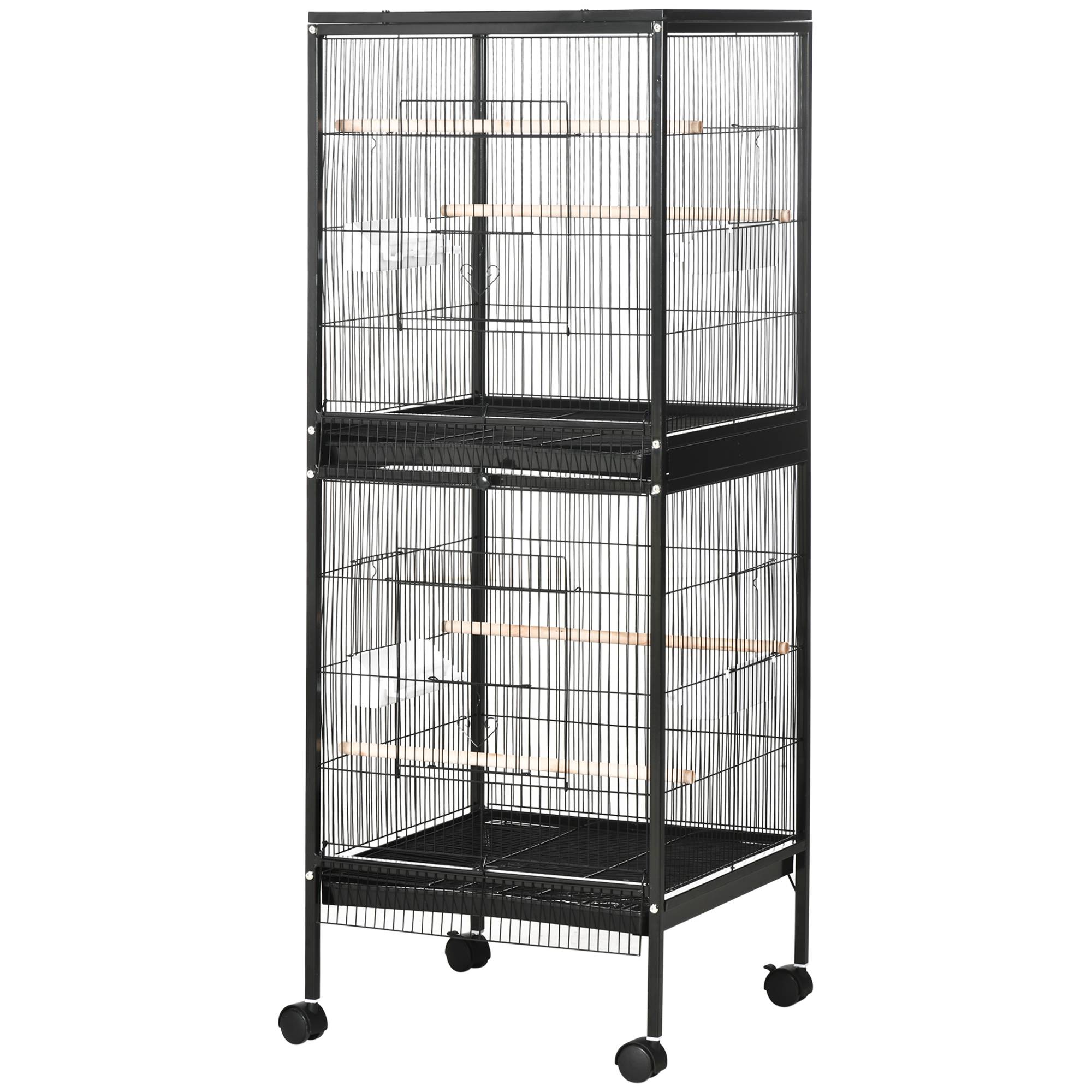 Cage à oiseaux à 2 niveaux avec roulettes, plateaux amovibles, portes, mangeoires, perchoirs, 51,5 x 50 x 140 cm, noire - Image 2
