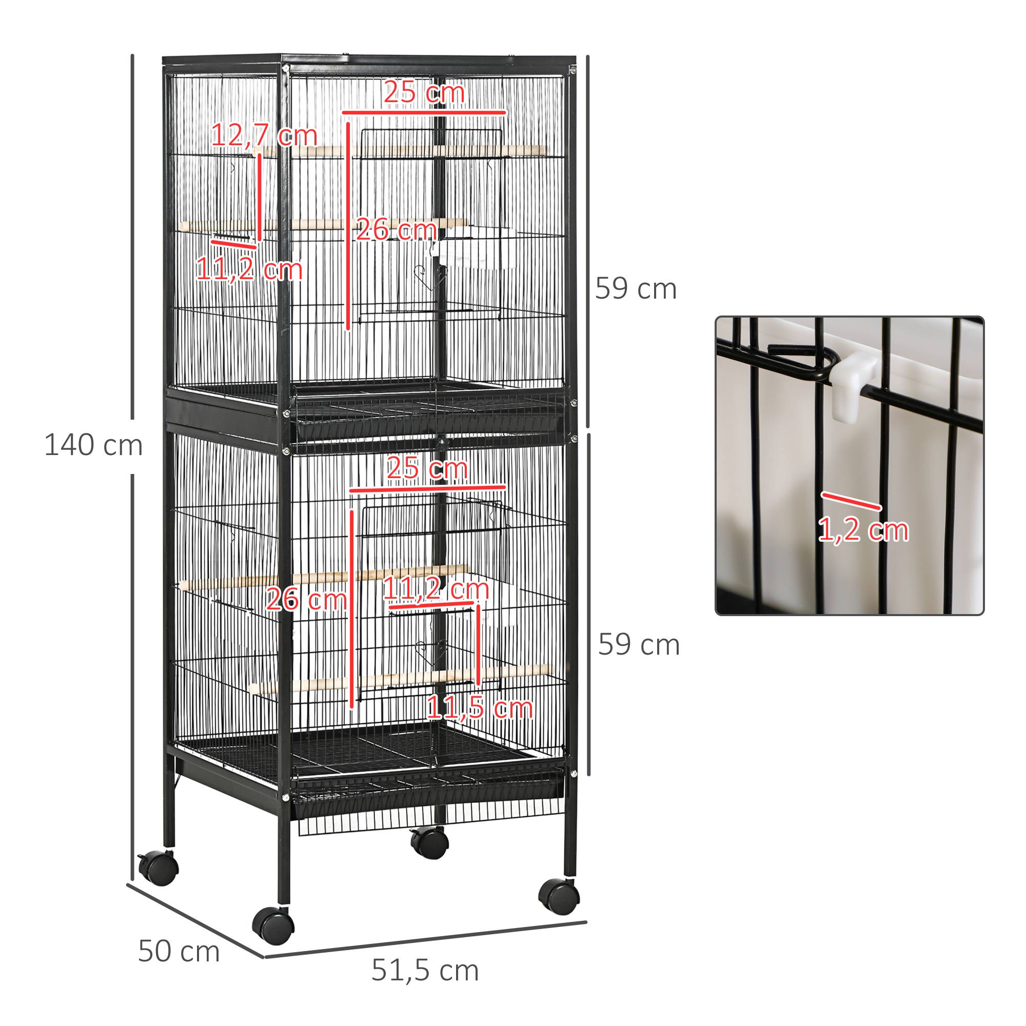 Cage à oiseaux à 2 niveaux avec roulettes, plateaux amovibles, portes, mangeoires, perchoirs, 51,5 x 50 x 140 cm, noire - Image 5