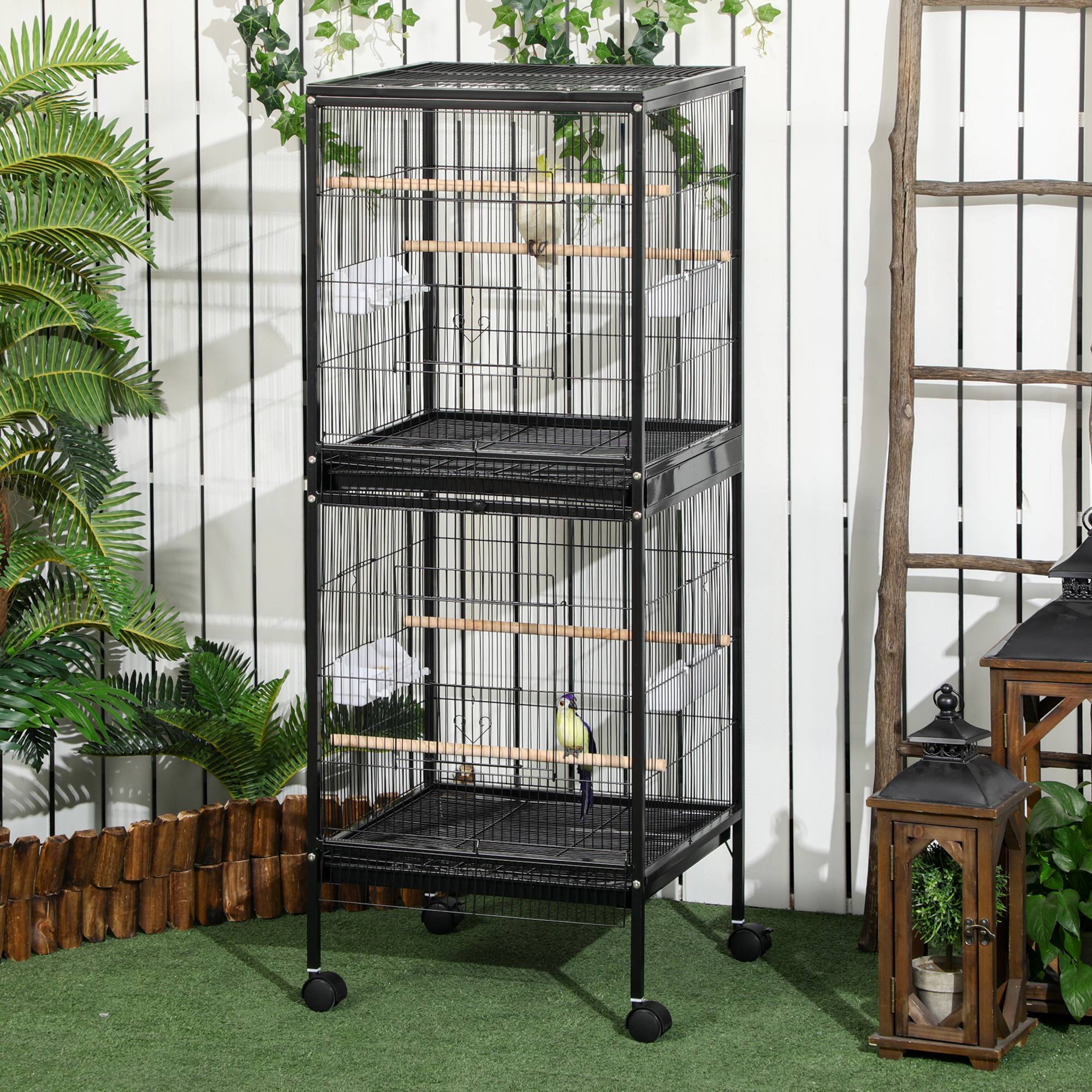 Cage à oiseaux à 2 niveaux avec roulettes, plateaux amovibles, portes, mangeoires, perchoirs, 51,5 x 50 x 140 cm, noire - Image 3