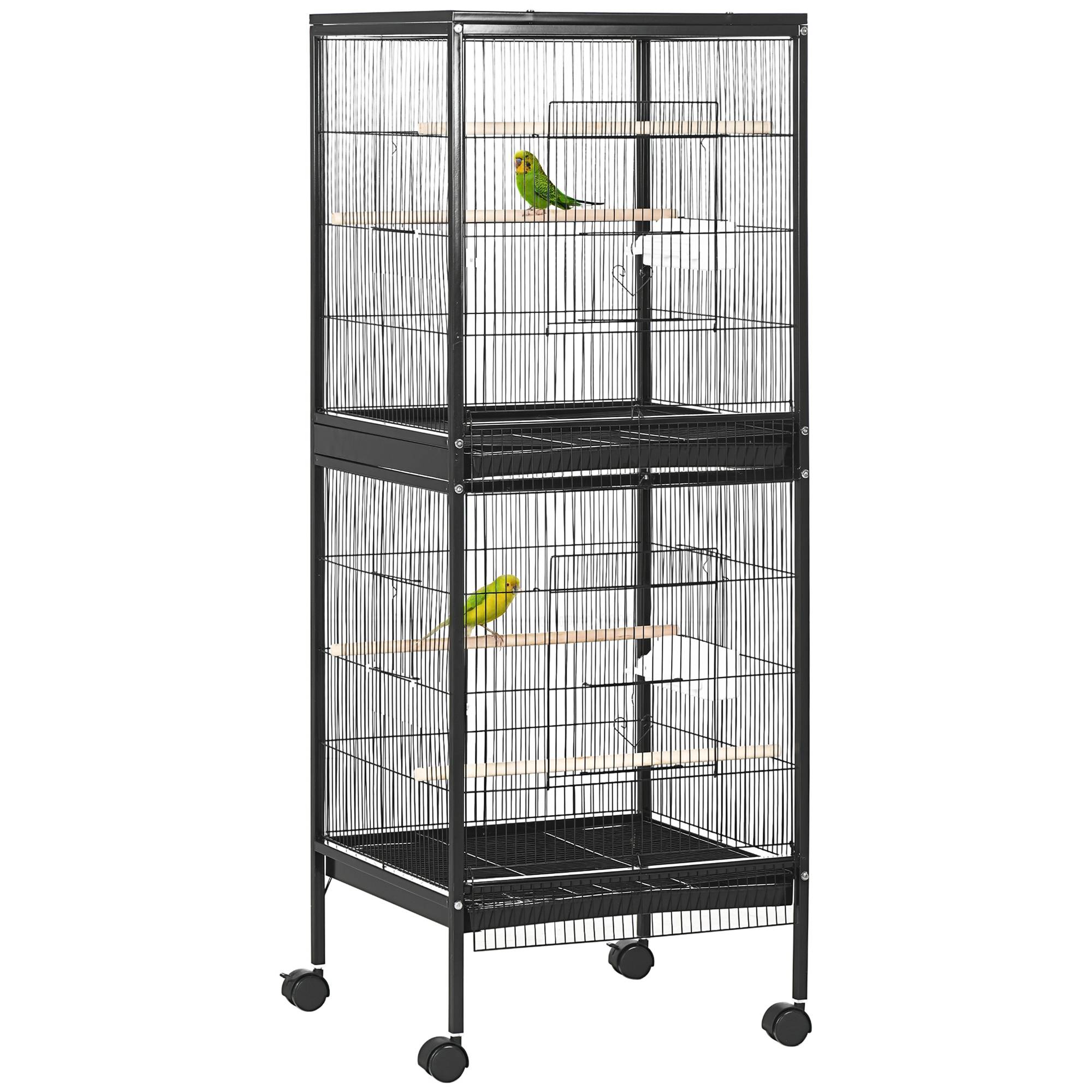 Cage à oiseaux à 2 niveaux avec roulettes, plateaux amovibles, portes, mangeoires, perchoirs, 51,5 x 50 x 140 cm, noire - Image 1