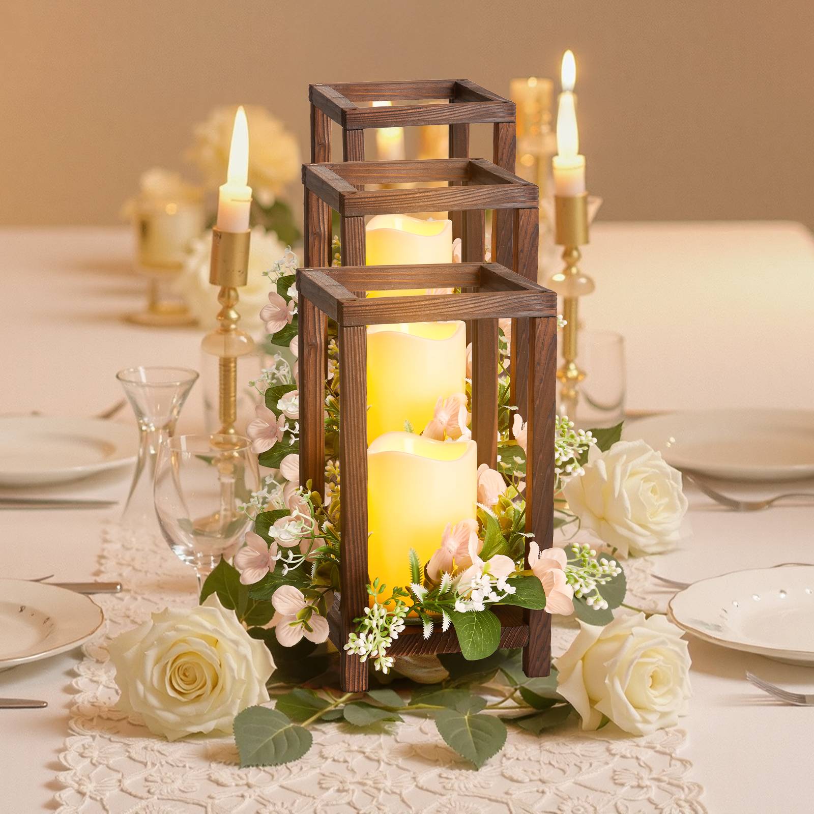 VEVOR Lanterne de Mariage Bois avec Bougies LED Couronnes Fleur Lot de 10 Marron - Image 8