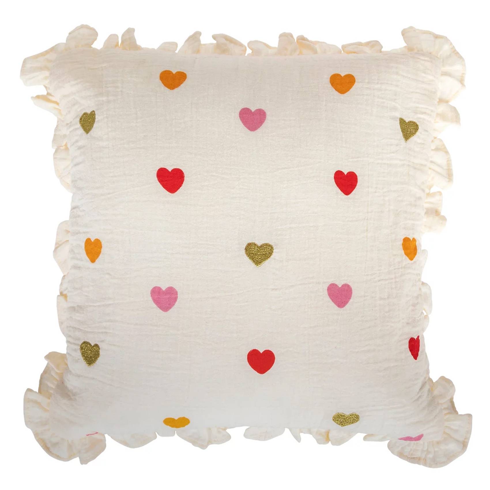 Coussin gaze de coton volants et coeurs brodés - ATMOSPHERA - Coton/Polyester - Blanc - Image 1