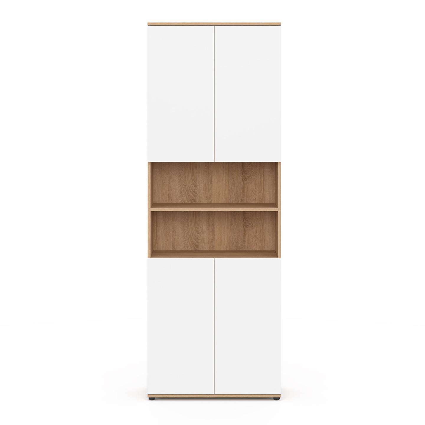 Meuble armoire colonne salle de bain TOMI 4 portes 2 niches façon hêtre et blanc - Image 3