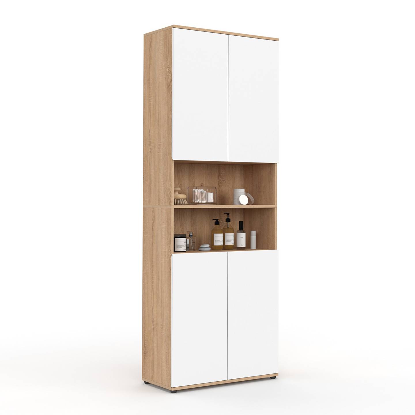 Meuble armoire colonne salle de bain TOMI 4 portes 2 niches façon hêtre et blanc - Image 2