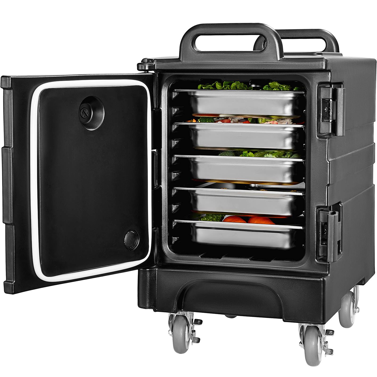 VEVOR Conteneur isotherme plateau GN 75L, frontal, empilable, roulettes, boucles, cantine.