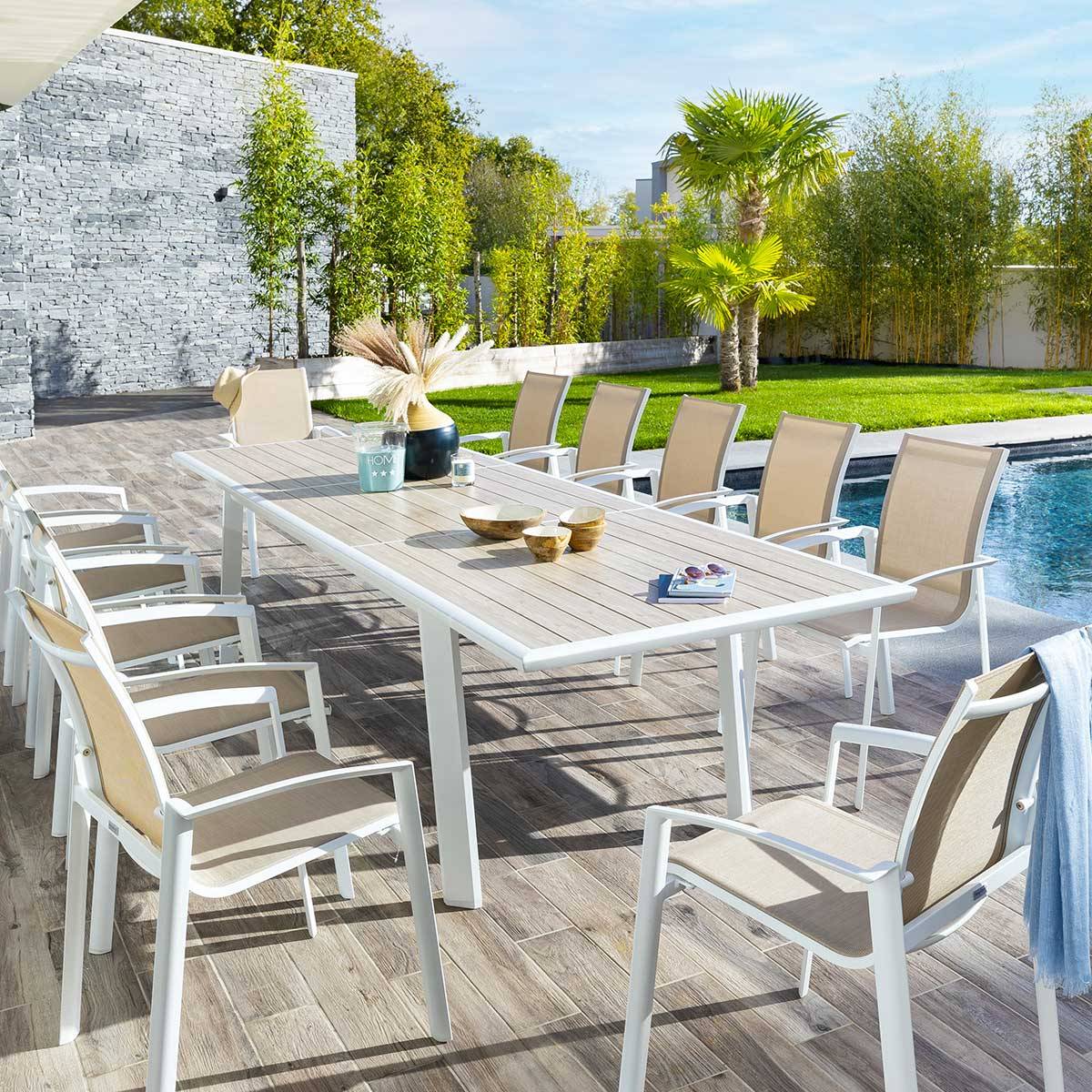 Hesperide - Table de jardin extensible "Pavane" lin & blanc 12 places en aluminium traité époxy Hespéride - Image 1