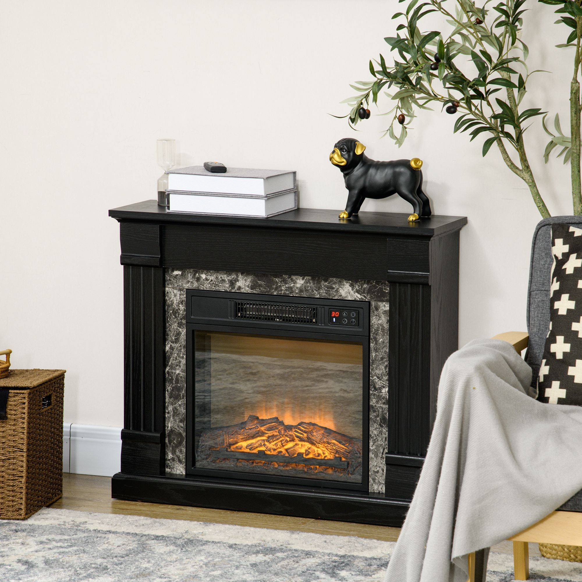 Cheminée électrique 1800W décorative effet flamme télécommande minuterie 80x21,6x67,8 cm noir - Image 3