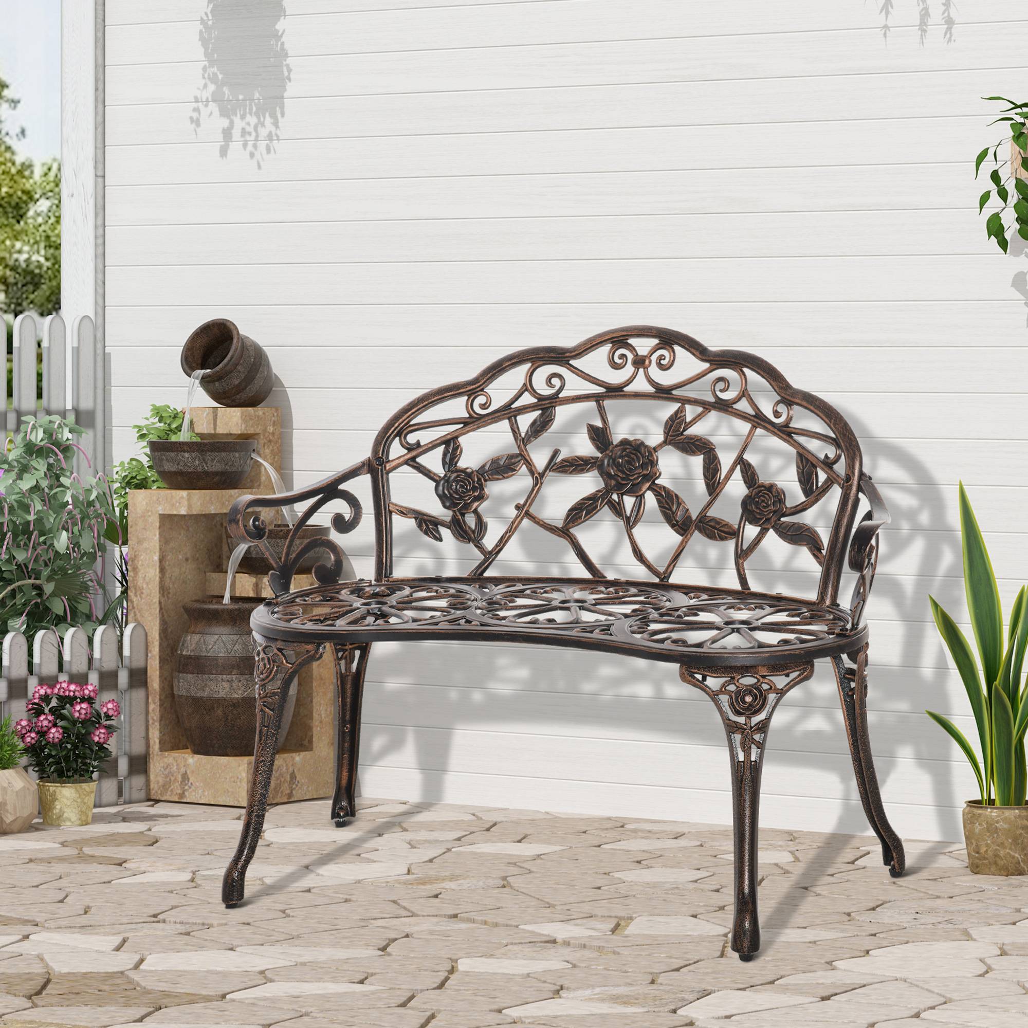 Banc de jardin 2 places en métal, style rétro, motif floral, 100 x 54 x 78 cm, bronze - Image 3