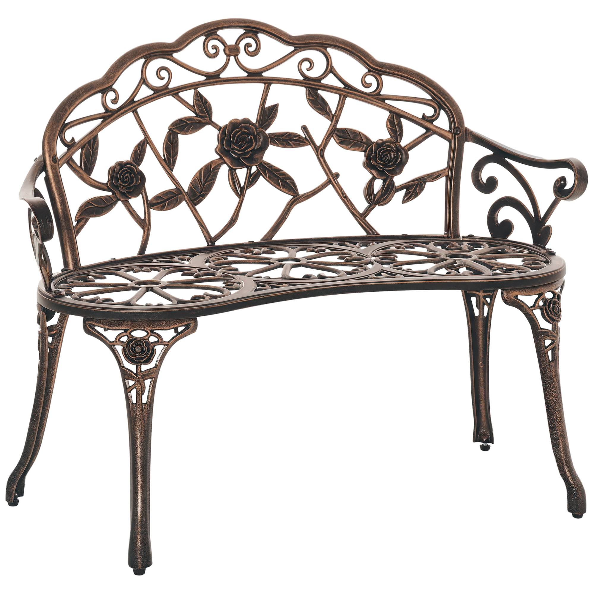Banc de jardin 2 places en métal, style rétro, motif floral, 100 x 54 x 78 cm, bronze - Image 1