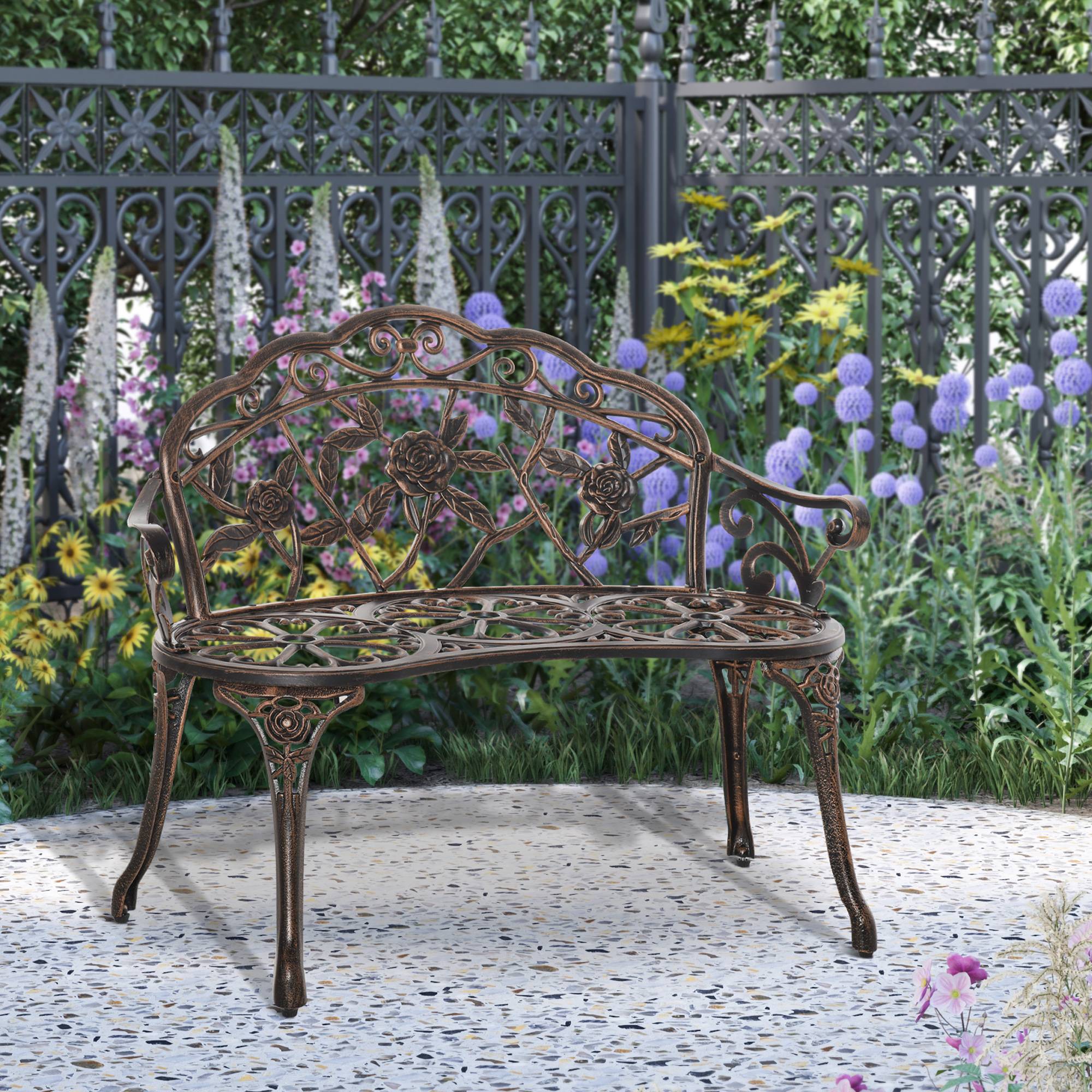 Banc de jardin 2 places en métal, style rétro, motif floral, 100 x 54 x 78 cm, bronze - Image 4