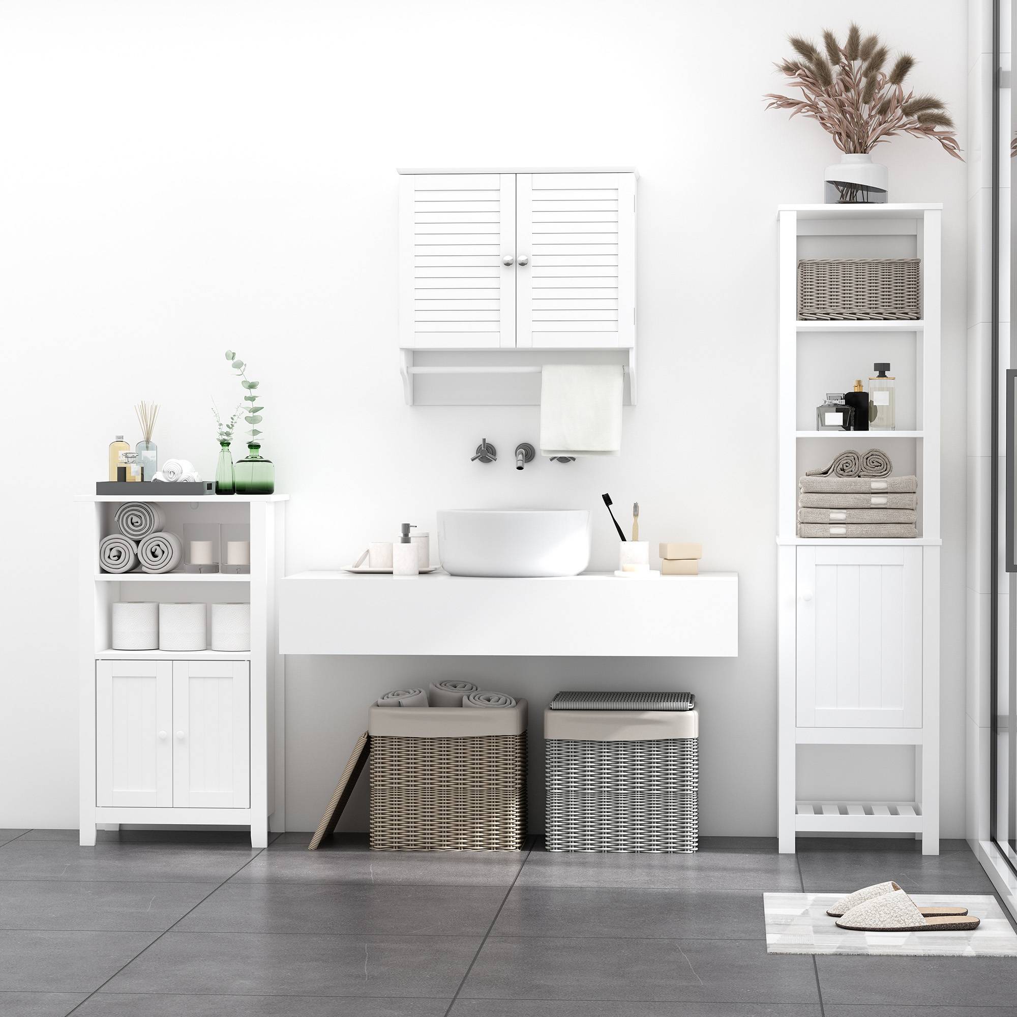 Sans Marque - Meuble salle bain mural 2 portes enroulement étagère porte-serviettes appoint suspendu cuisine 60x23x60 cm blanc - Image 4