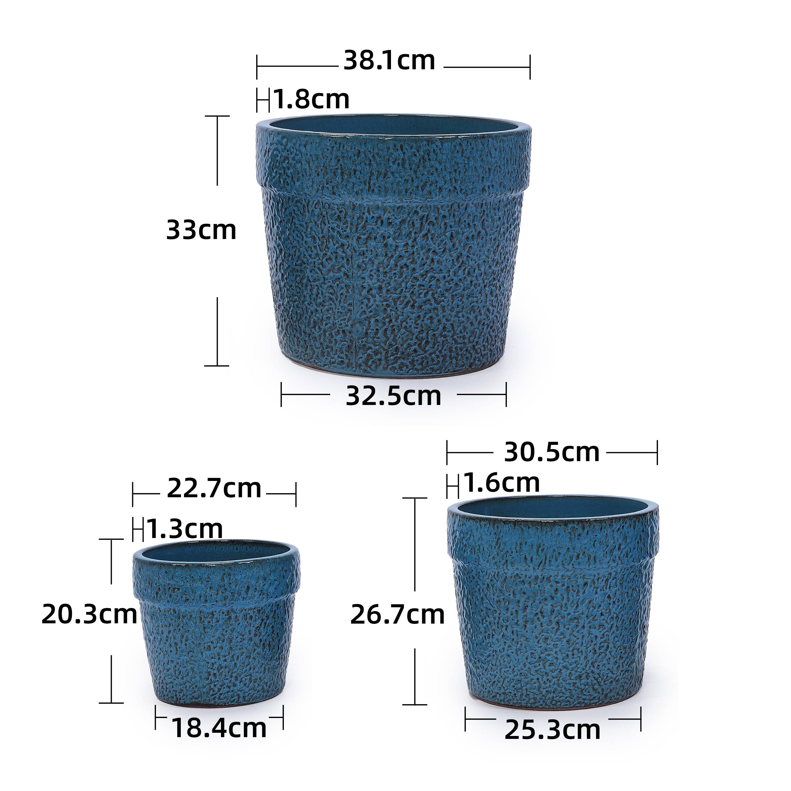 Lot de 3 pots de fleurs en céramique pour intérieur et extérieur avec drainage Bleu Antique - ComfortXL Outdoor Living - Image 3