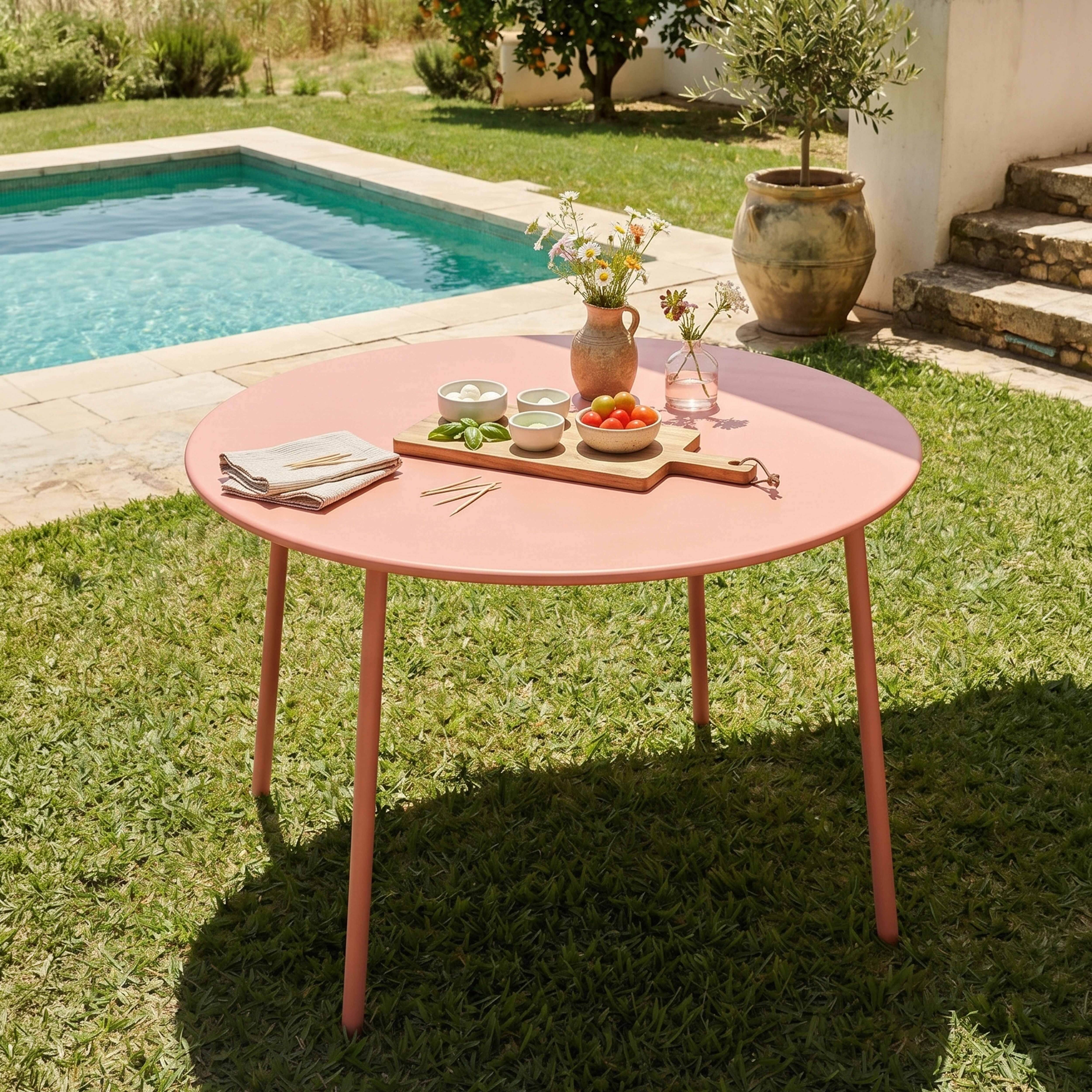 Oviala - Ensemble table de jardin ronde et 6 fauteuils acier argile Palavas - Oviala - Image 3