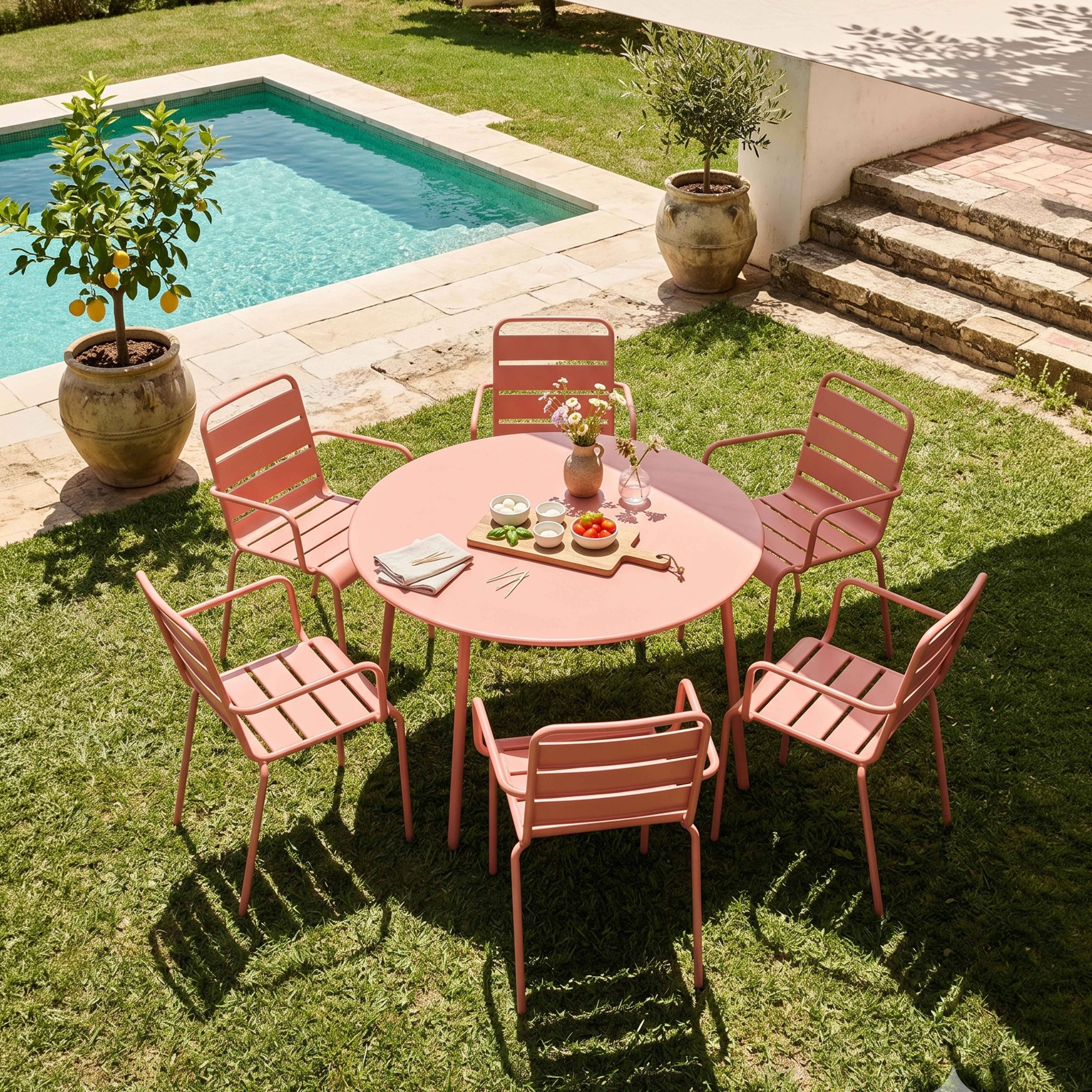 Oviala - Ensemble table de jardin ronde et 6 fauteuils acier argile Palavas - Oviala - Image 2