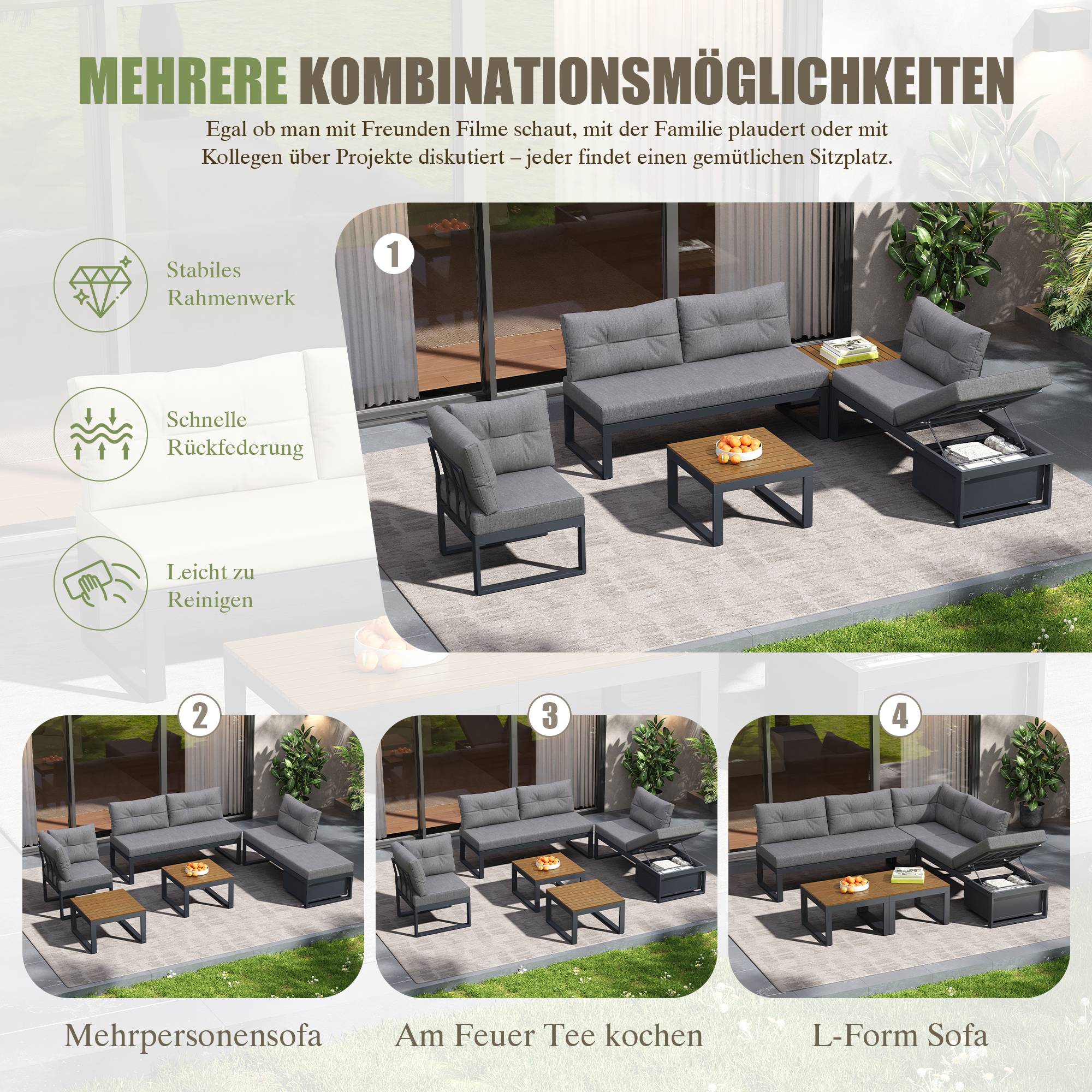Salon de jardin modulable métal terrasse dossier inclinable 4 places gris foncé - ComfortXL Outdoor Living - Image 4