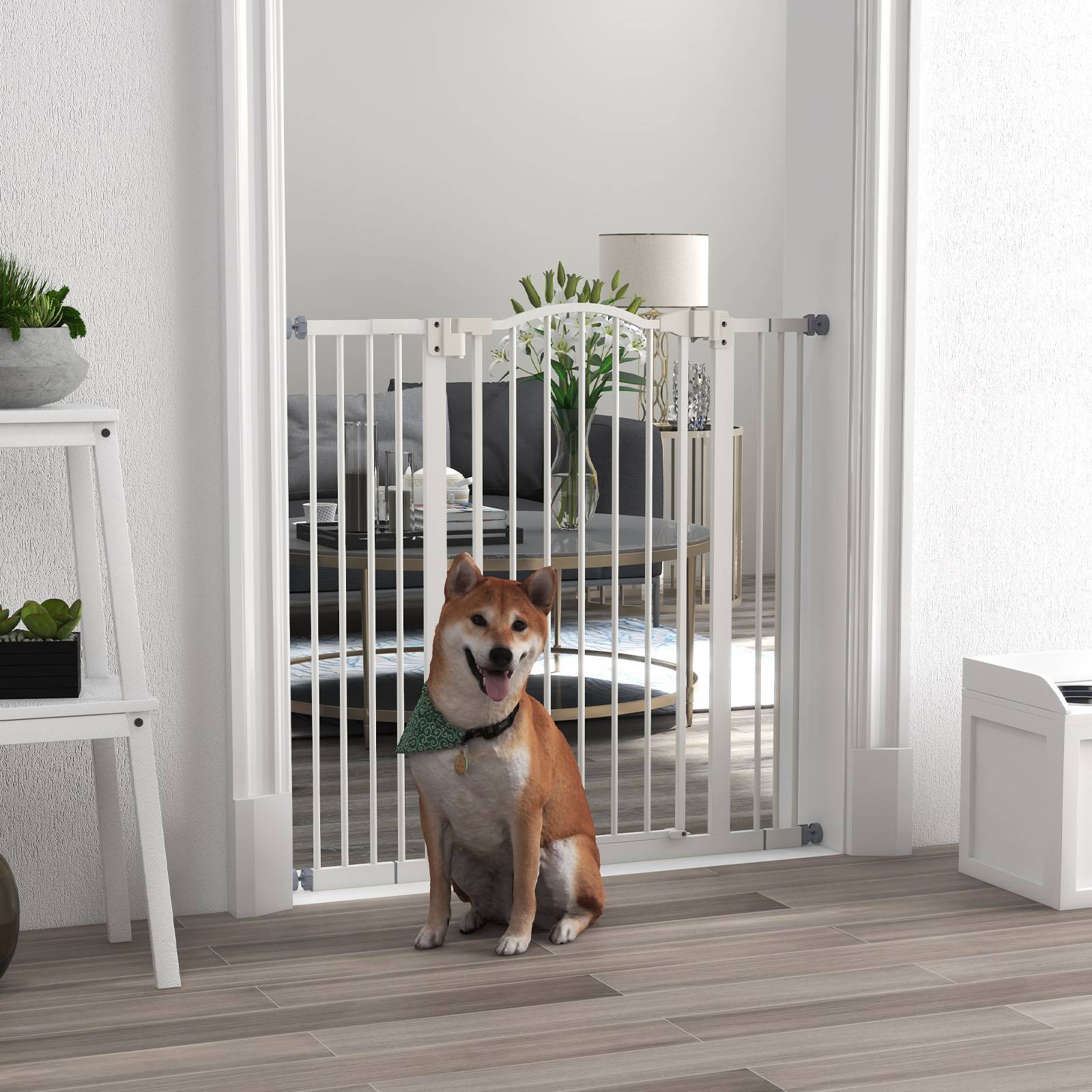 Barrière sécurité chien métal porte escalier fermeture auto extensible 100cm blanc - ComfortXL Outdoor Living - Image 3