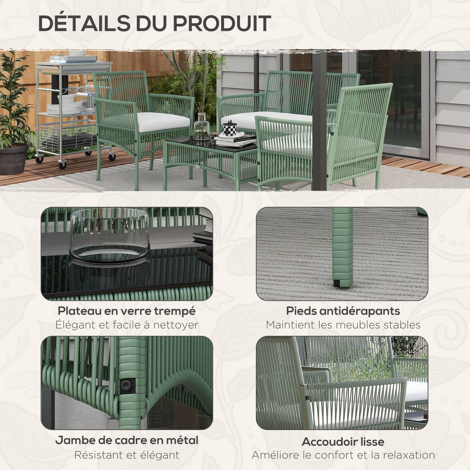 Ensemble salon de jardin 4 pièces canapé 2 places 2 fauteuils 1 table basse plateau verre trempé - Image 8