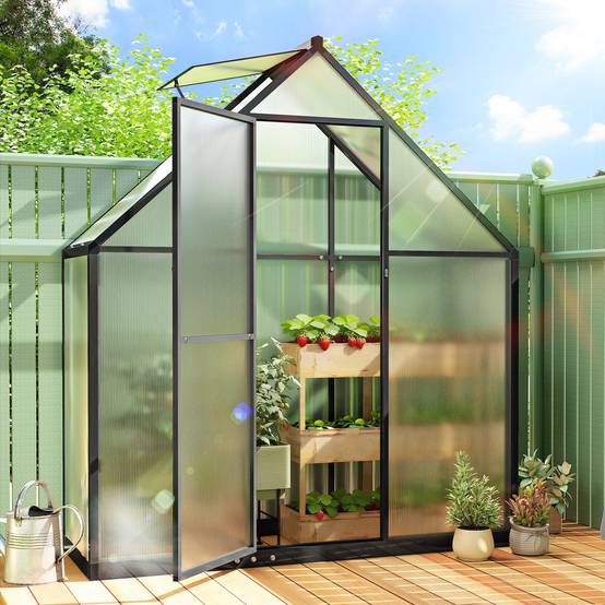 Serre Aluminium Polycarbonate Plantes Fenêtre Réglable Porte Battante 170x58x195cm Noir - ComfortXL Outdoor Living - Image 3