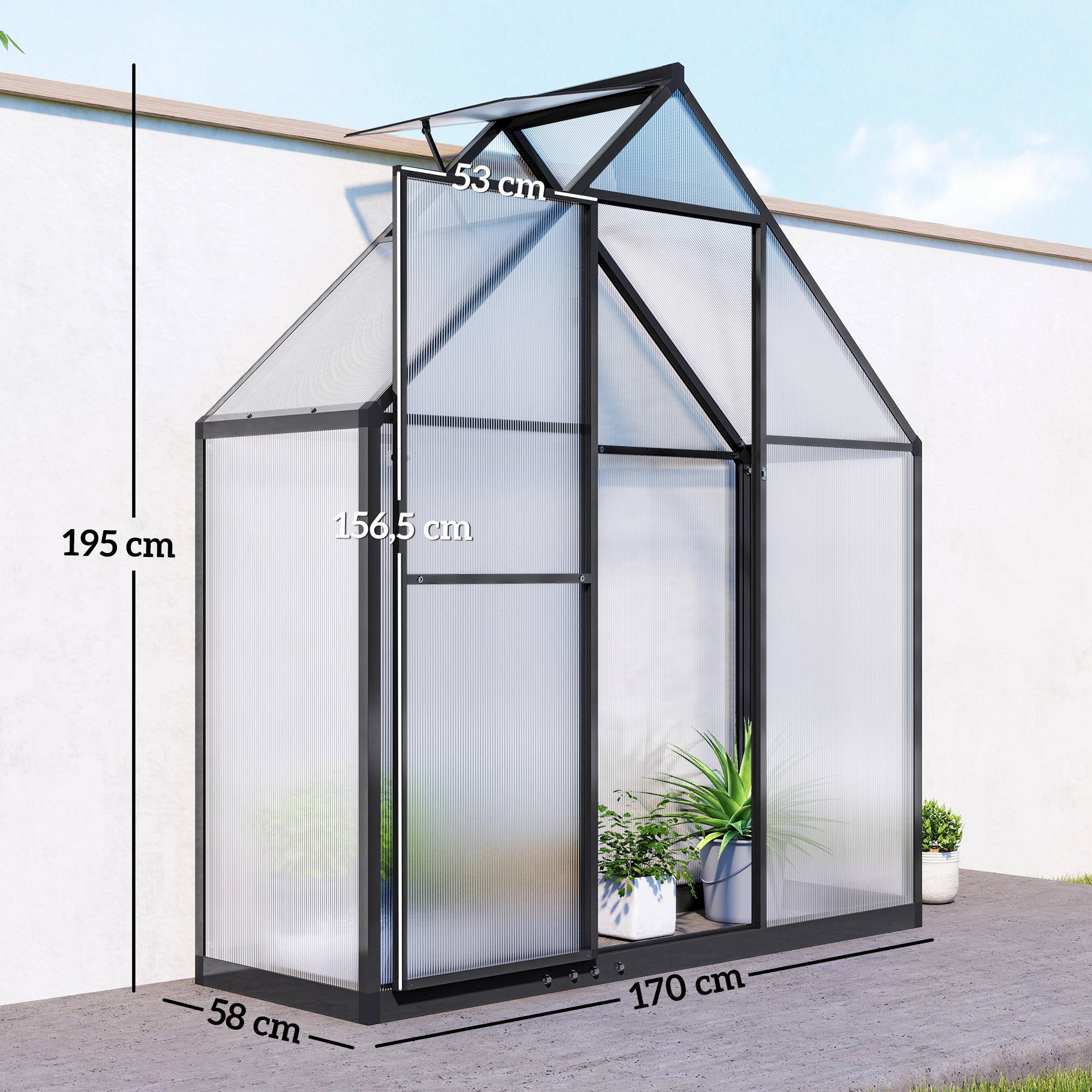 Serre Aluminium Polycarbonate Plantes Fenêtre Réglable Porte Battante 170x58x195cm Noir - ComfortXL Outdoor Living - Image 5