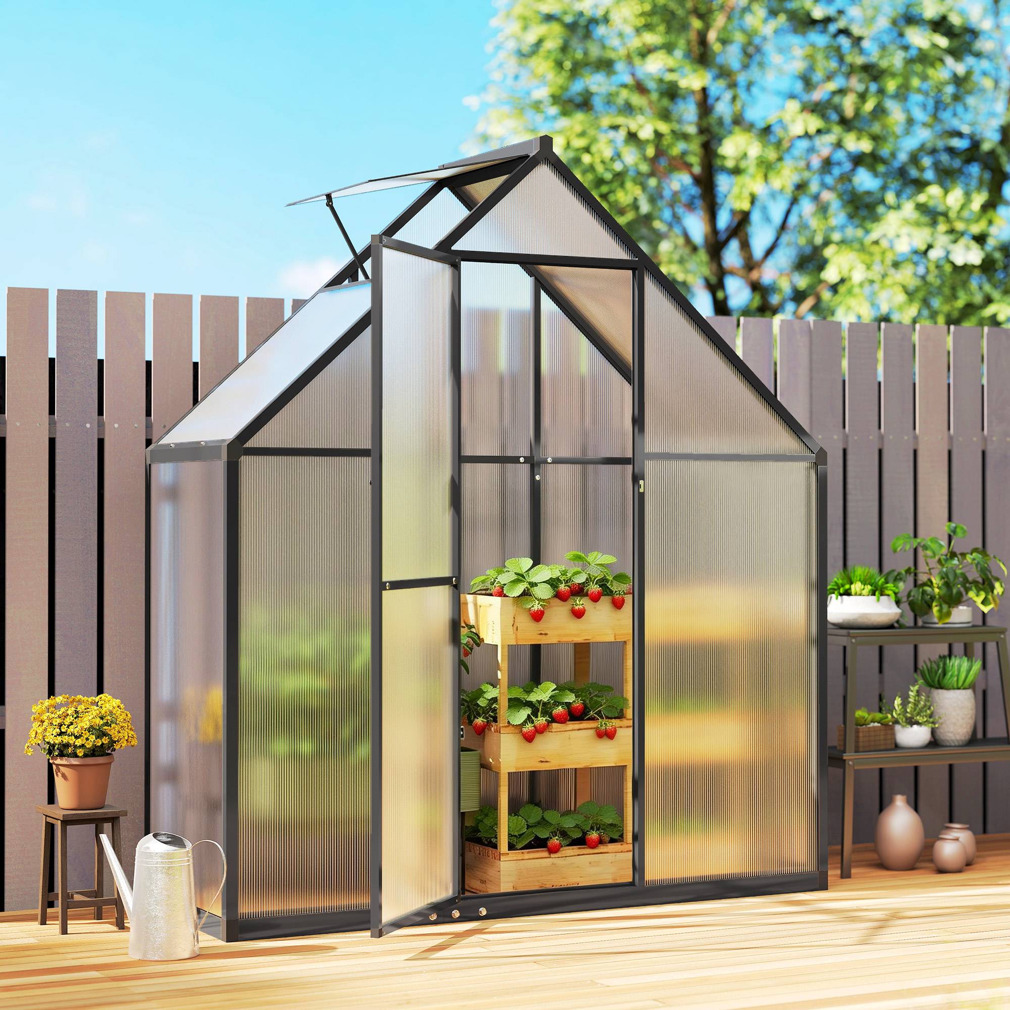 Serre Aluminium Polycarbonate Plantes Fenêtre Réglable Porte Battante 170x58x195cm Noir - ComfortXL Outdoor Living - Image 10
