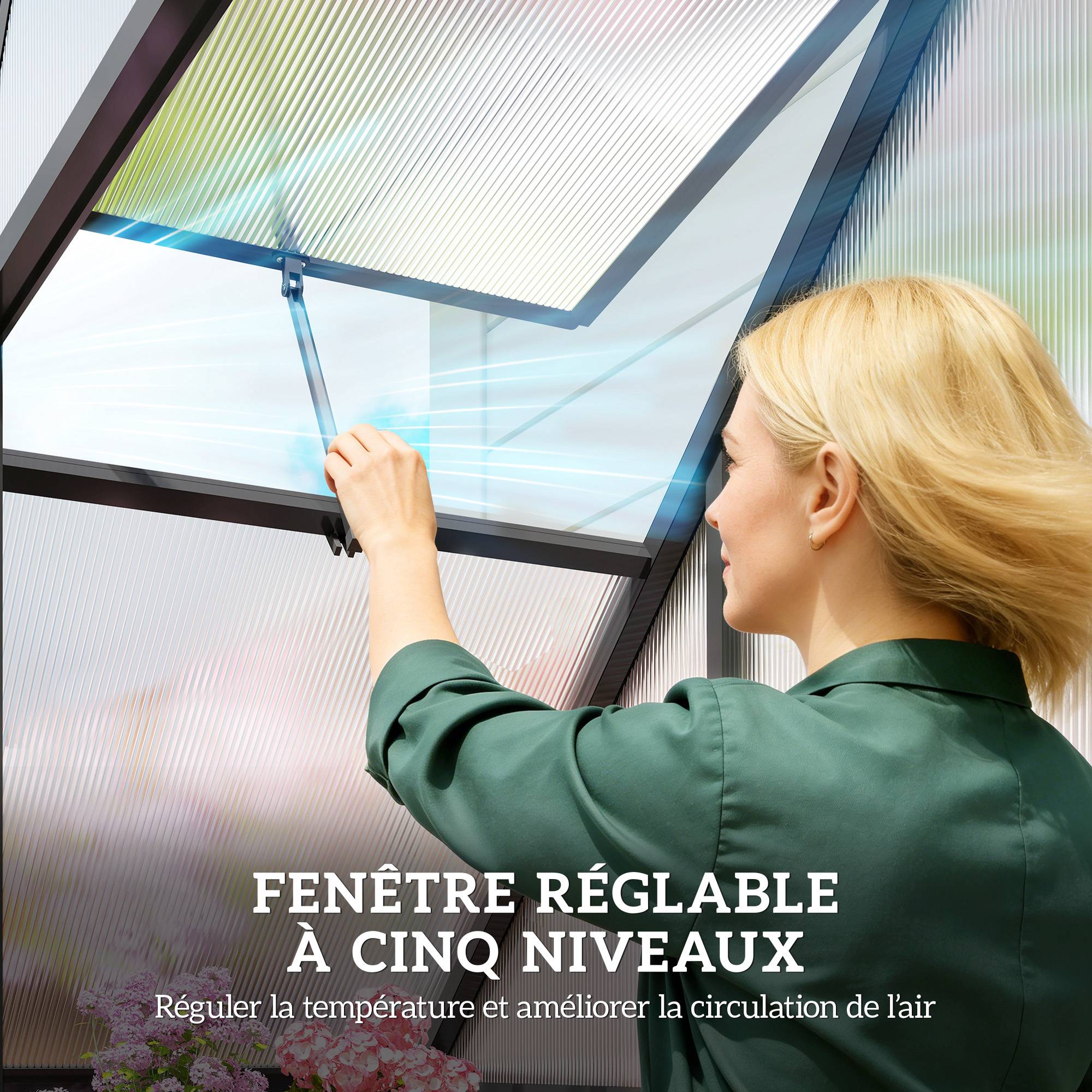 Serre Aluminium Polycarbonate Plantes Fenêtre Réglable Porte Battante 170x58x195cm Noir - ComfortXL Outdoor Living - Image 9
