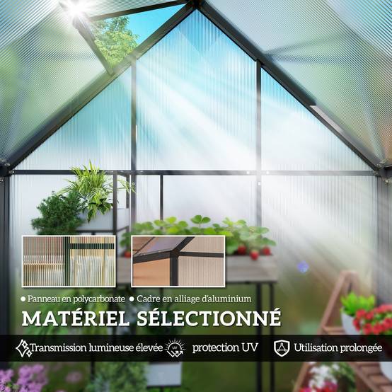 Serre Aluminium Polycarbonate Plantes Fenêtre Réglable Porte Battante 170x58x195cm Noir - ComfortXL Outdoor Living - Image 7